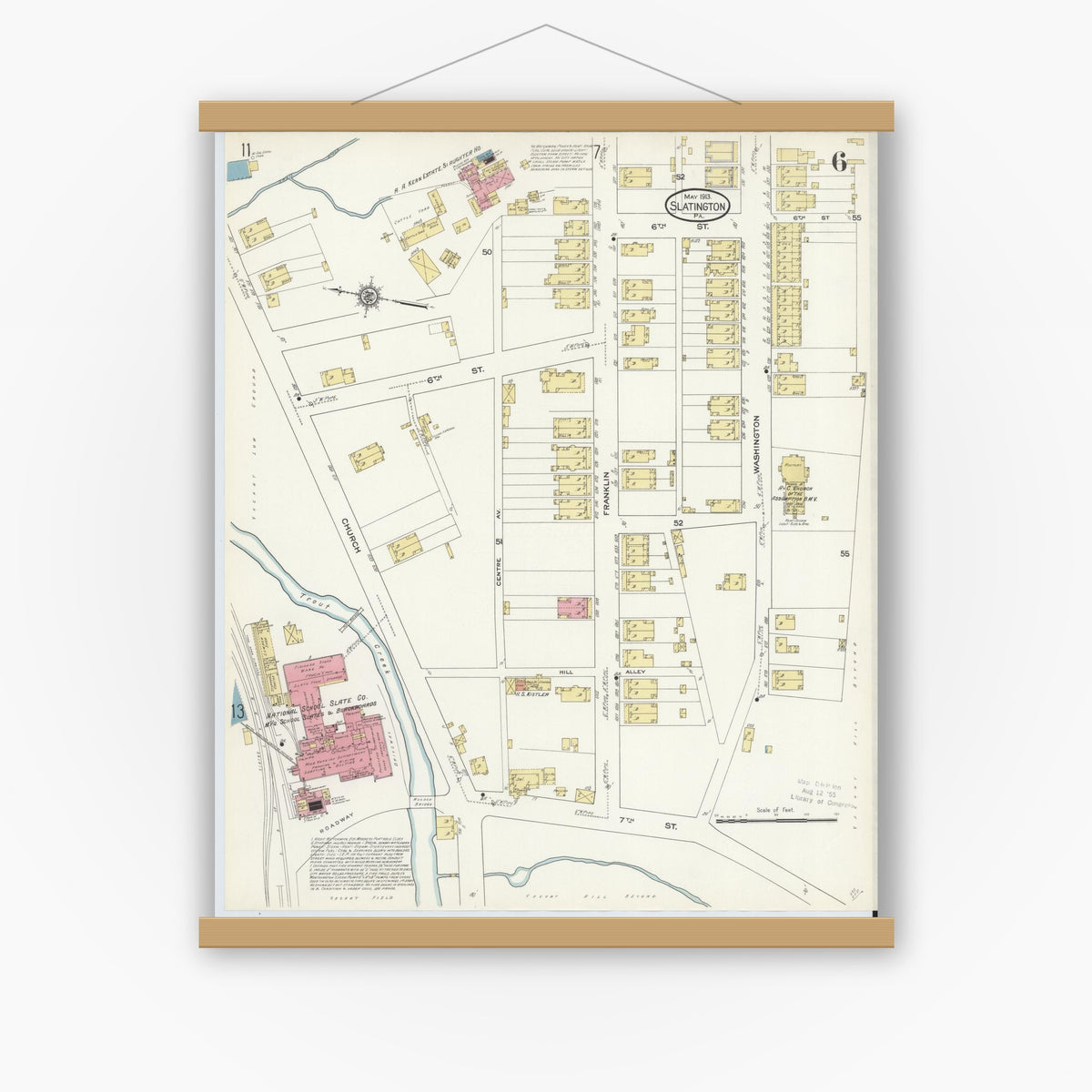 Old map wall art mockup — magnetic wood frame on white wall — Sanborn Fire Insurance Map from Slatington, Lehigh County, Pennsylvania (1913), Sheet #0006