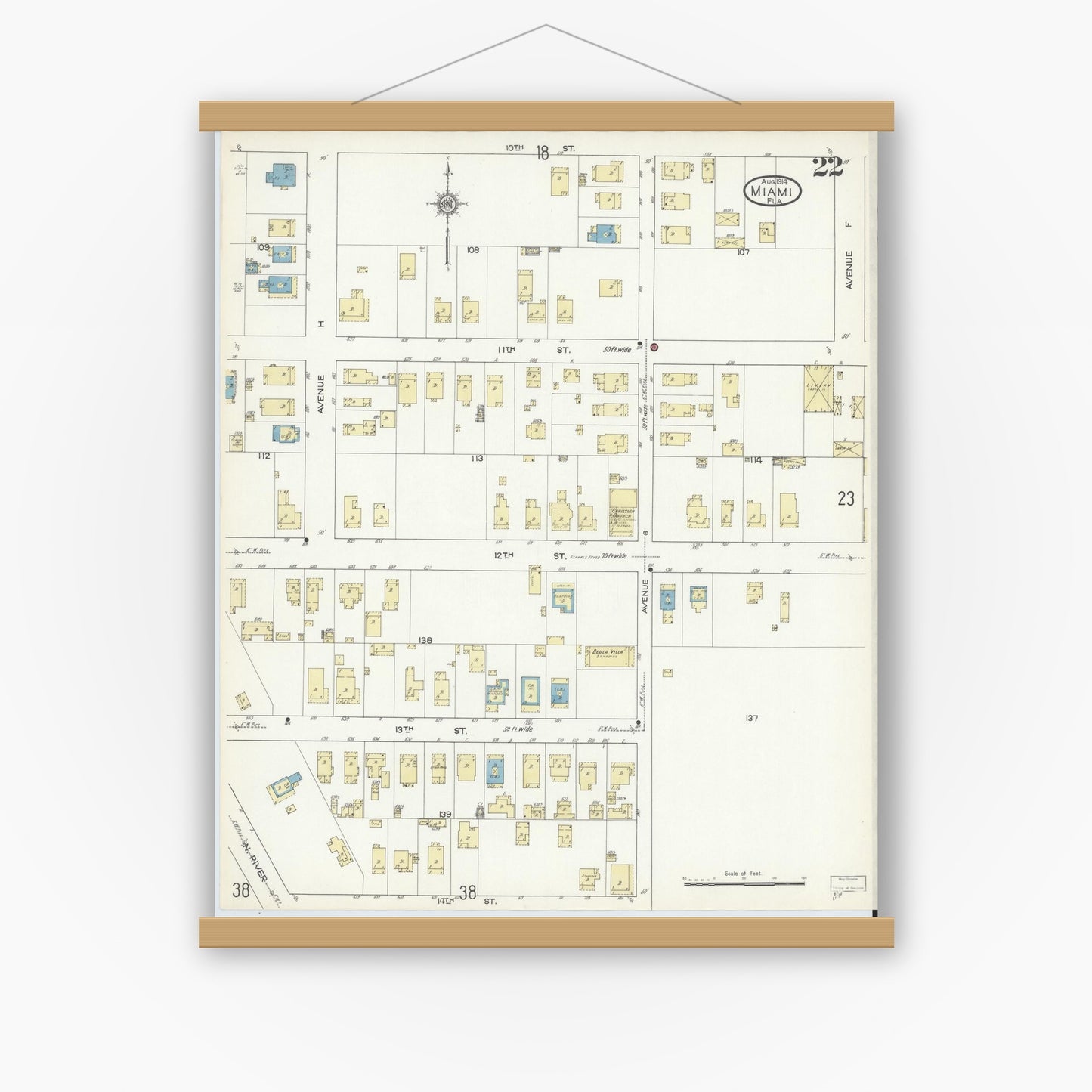 Old map wall art mockup — magnetic wood frame on white wall — Sanborn Fire Insurance Map from Miami, Dade County, Florida (1914), Sheet #0022