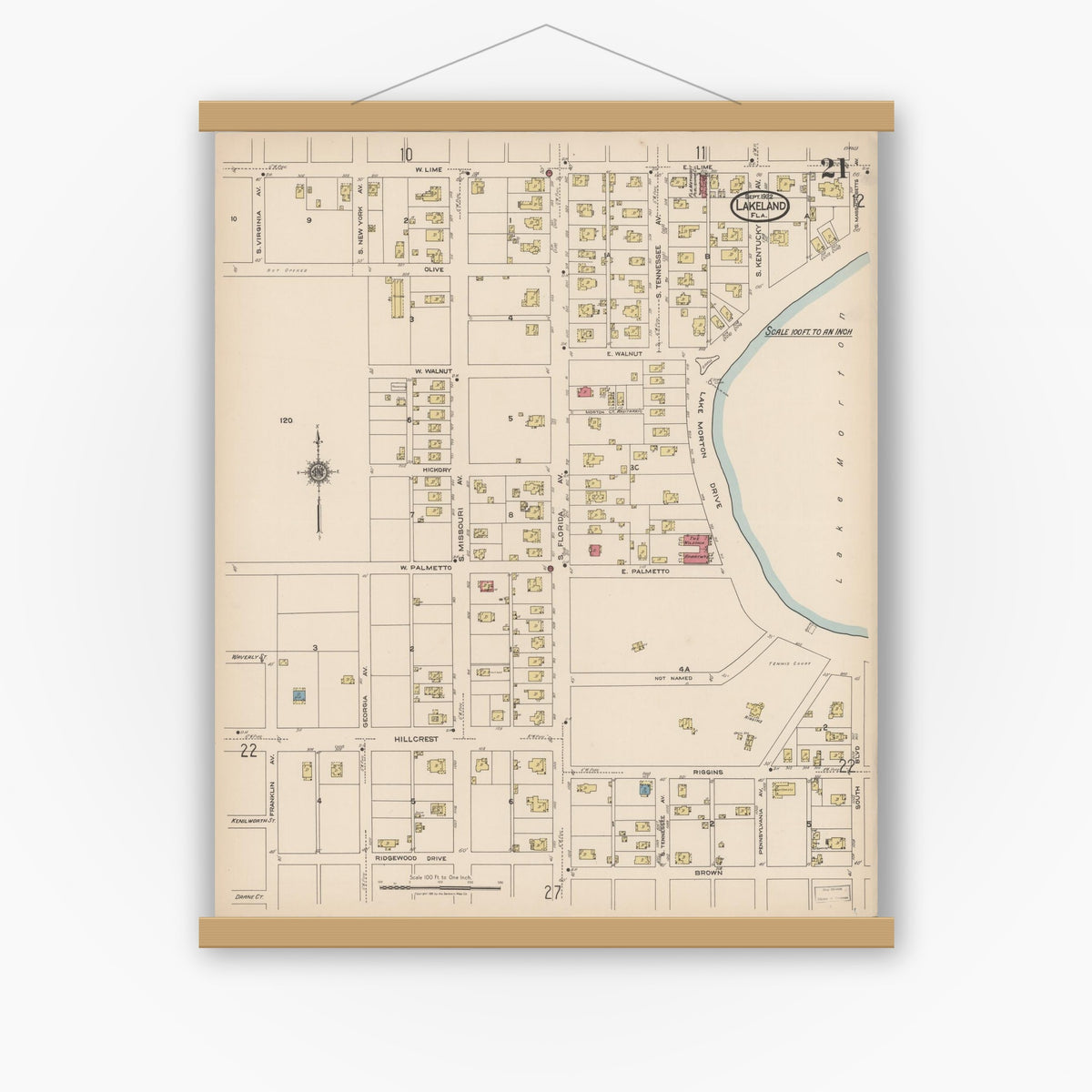 Old map wall art mockup — magnetic wood frame on white wall — Sanborn Fire Insurance Map from Lakeland, Polk County, Florida (1922), Sheet #0021