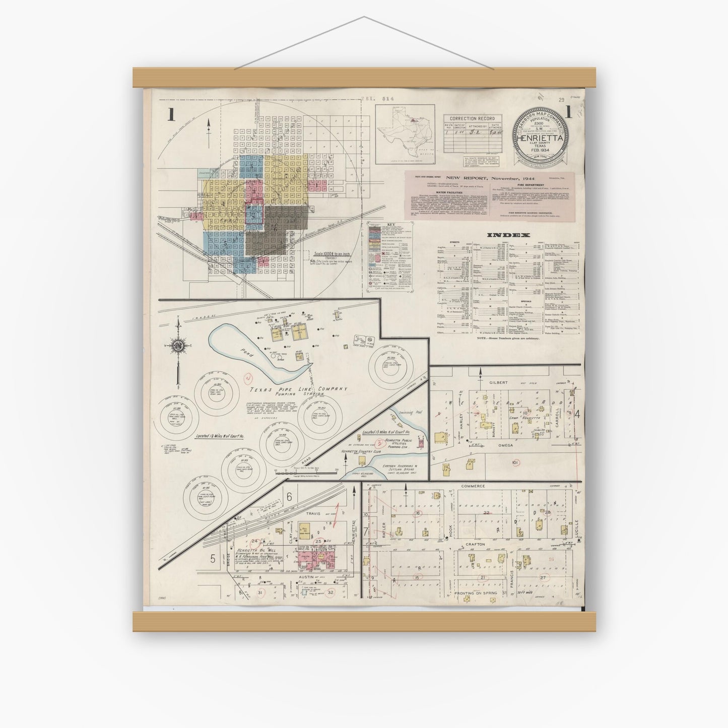 Old map wall art mockup — magnetic wood frame on white wall — Sanborn Fire Insurance Map from Henrietta, Clay County, Texas (1944) - Complete Map Set