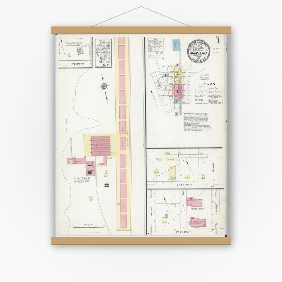 Old map wall art mockup — magnetic wood frame on white wall — Sanborn Fire Insurance Map from Manteno, Kankakee County, Illinois (1914), Sheet #0001