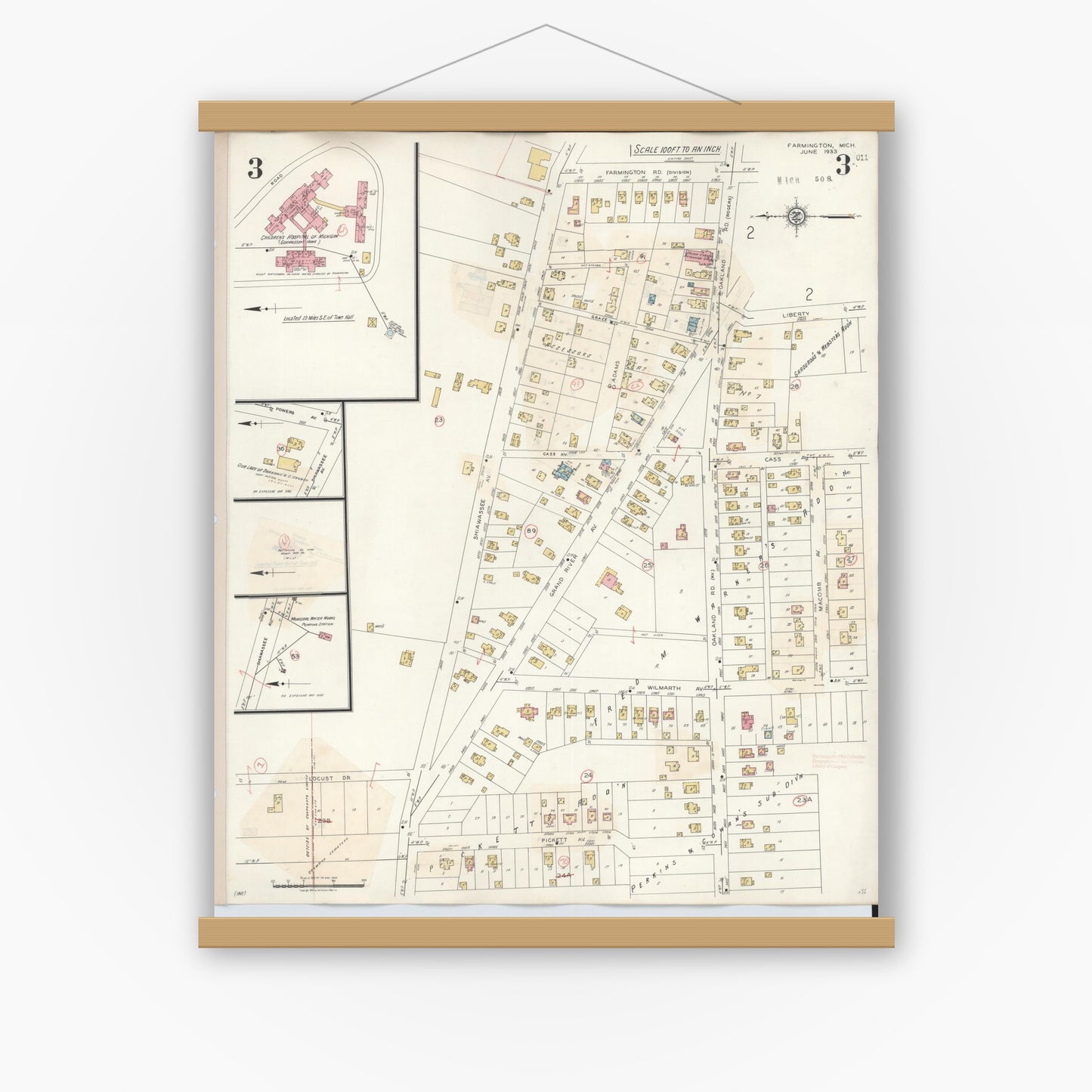 Old map wall art mockup — magnetic wood frame on white wall — Sanborn Fire Insurance Map from Farmington, Oakland County, Michigan (1943), Sheet #0003