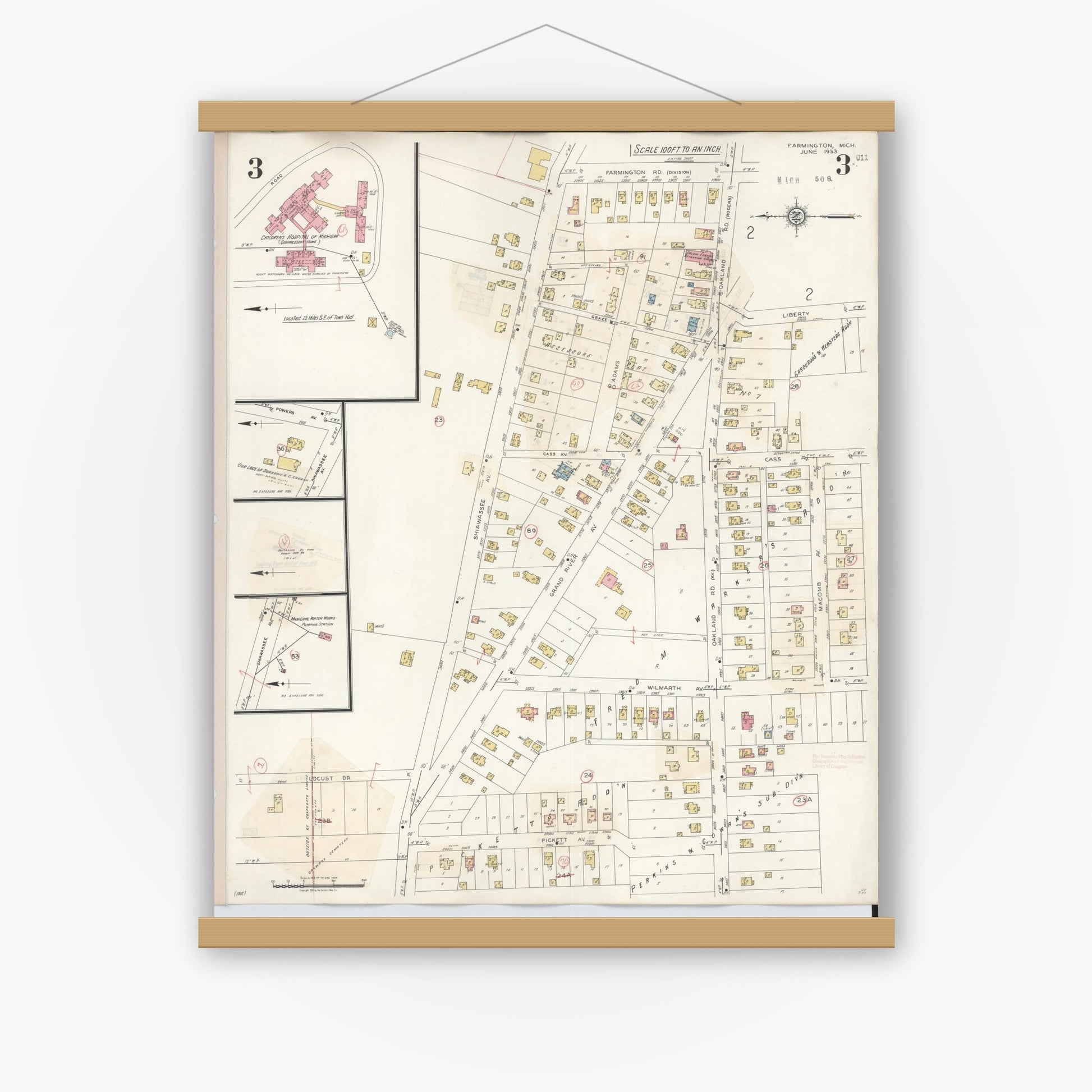 Old map wall art mockup — magnetic wood frame on white wall — Sanborn Fire Insurance Map from Farmington, Oakland County, Michigan (1943), Sheet #0003