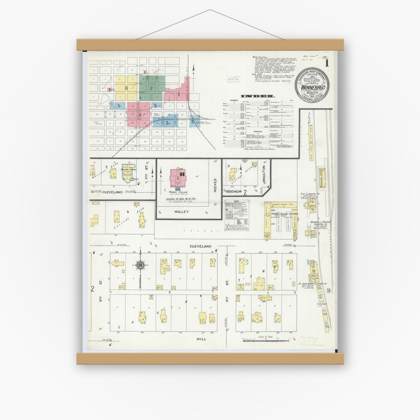 Old map wall art mockup — magnetic wood frame on white wall — Sanborn Fire Insurance Map from Winnebago, Faribault County, Minnesota (1911) - Complete Map Set