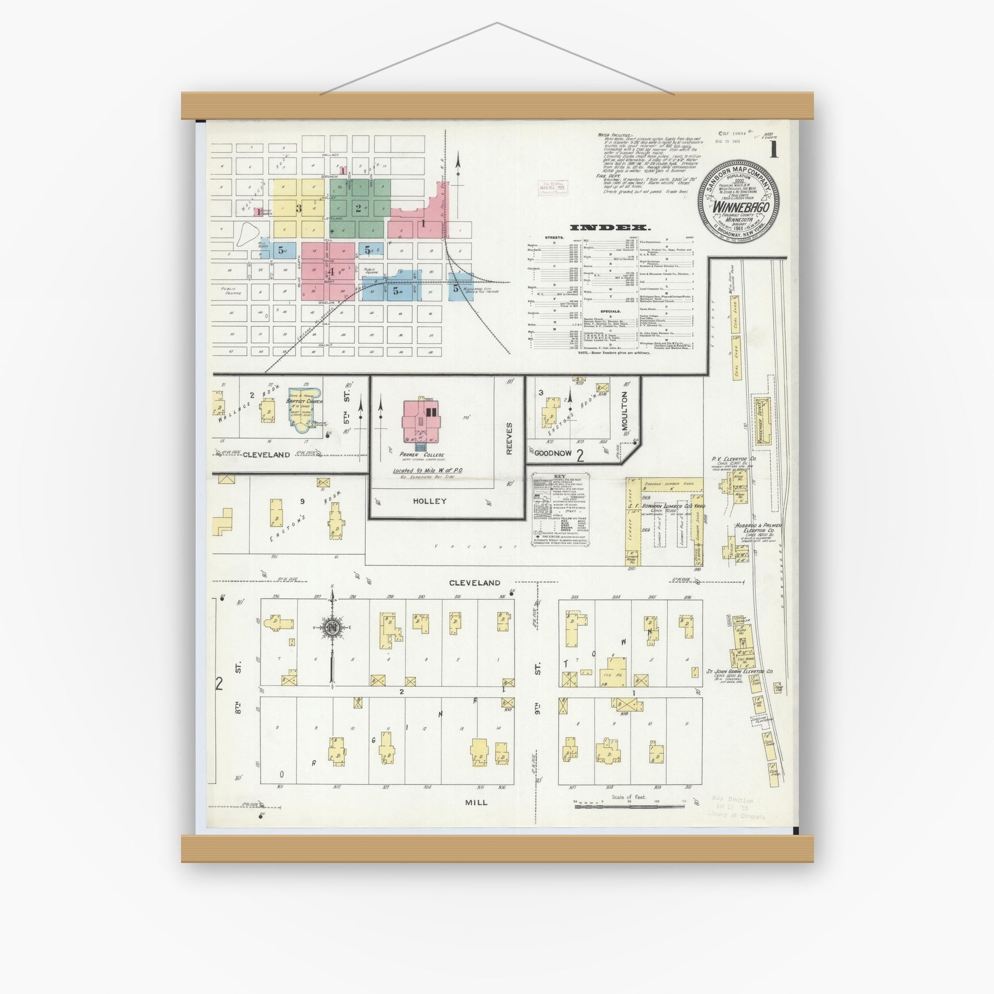 Old map wall art mockup — magnetic wood frame on white wall — Sanborn Fire Insurance Map from Winnebago, Faribault County, Minnesota (1911) - Complete Map Set