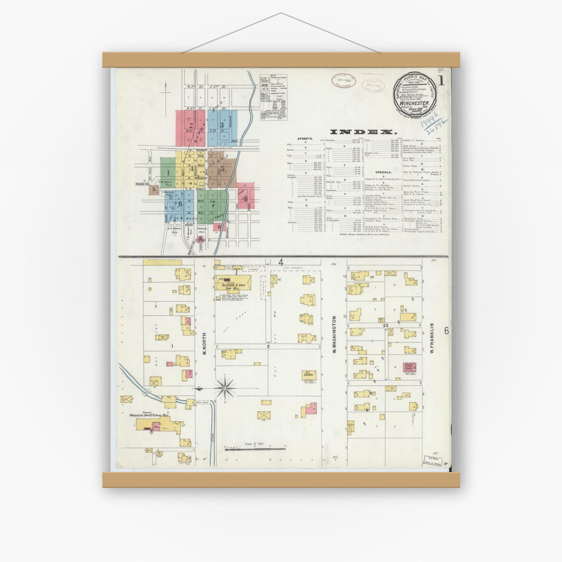 Old map wall art mockup — magnetic wood frame on white wall — Sanborn Fire Insurance Map from Winchester, Randolph County, Indiana (1899) - Complete Map Set