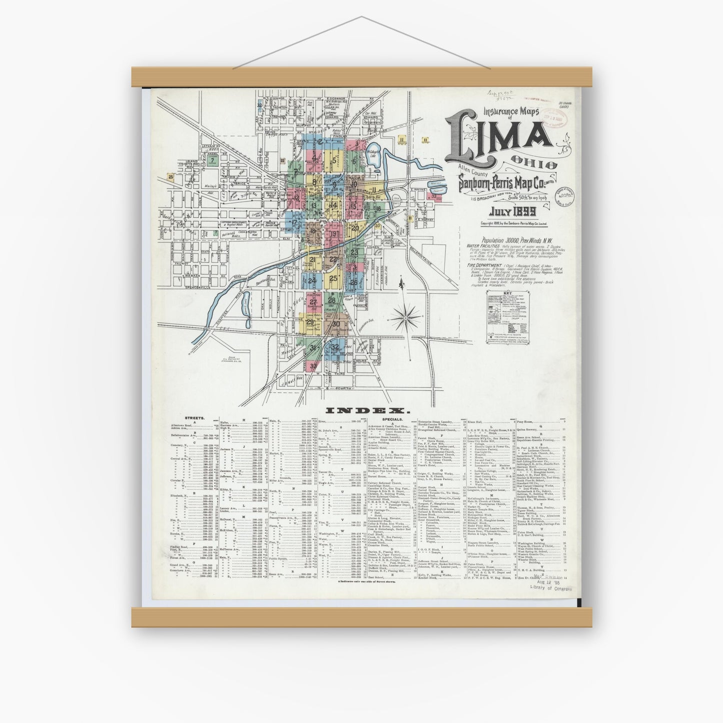 Old map wall art mockup — magnetic wood frame on white wall — Sanborn Fire Insurance Map from Lima, Allen County, Ohio (1899), Sheet #0001