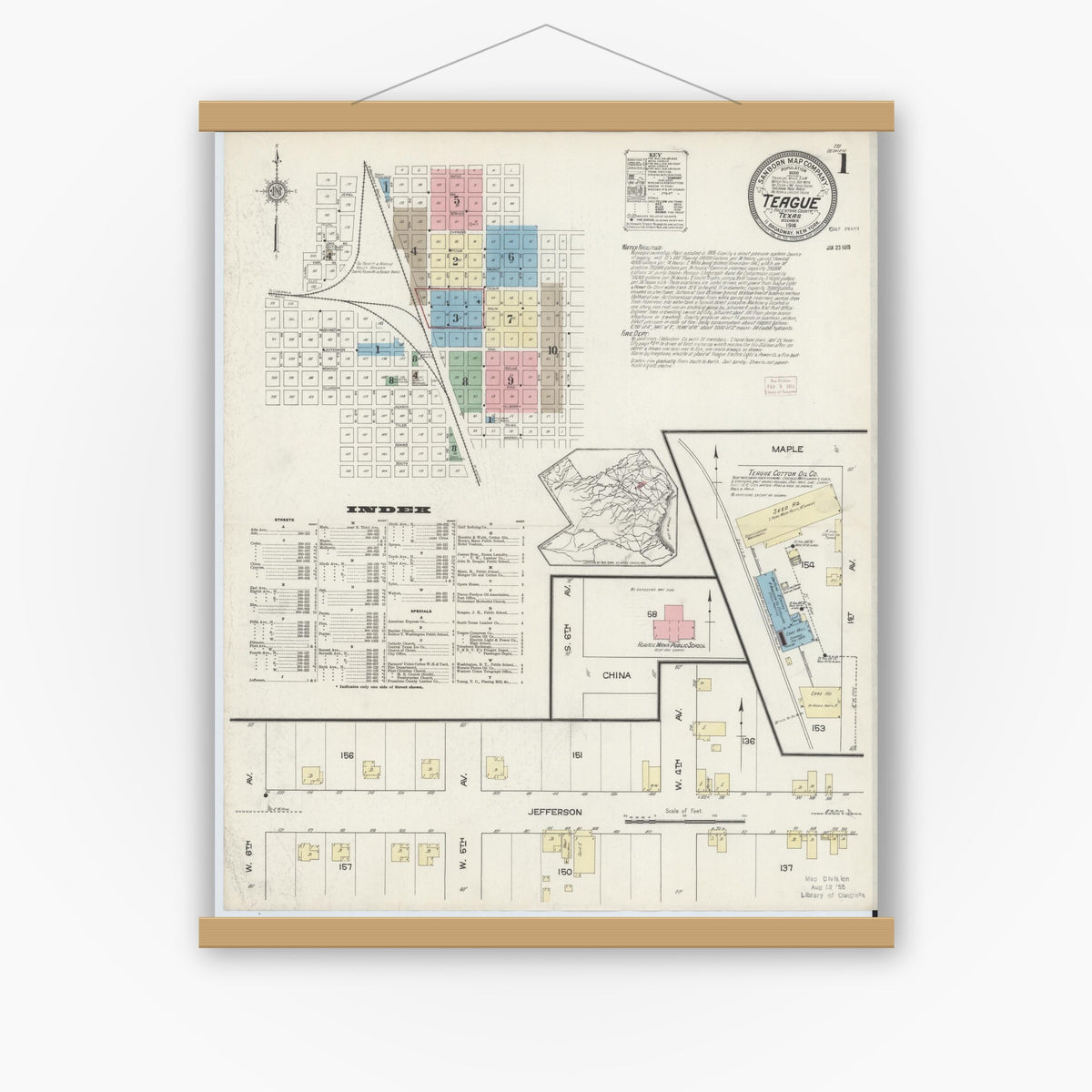 Old map wall art mockup — magnetic wood frame on white wall — Sanborn Fire Insurance Map from Teague, Freestone County, Texas (1914) - Complete Map Set