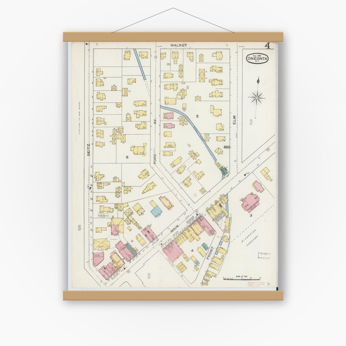 Old map wall art mockup — magnetic wood frame on white wall — Sanborn Fire Insurance Map from Oneonta, Otsego County, New York (1893), Sheet #0004
