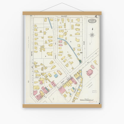 Old map wall art mockup — magnetic wood frame on white wall — Sanborn Fire Insurance Map from Oneonta, Otsego County, New York (1893), Sheet #0004