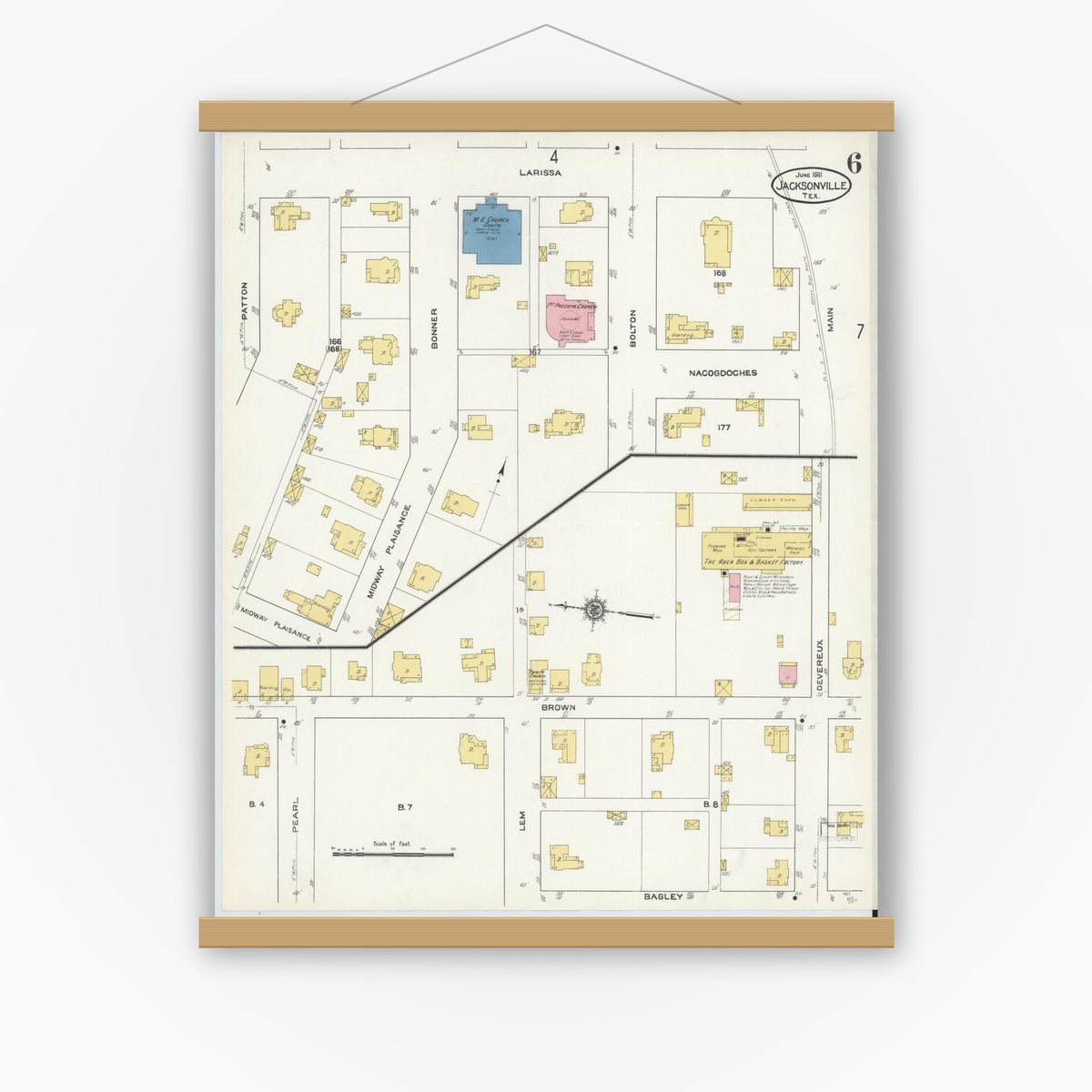 Old map wall art mockup — magnetic wood frame on white wall — Sanborn Fire Insurance Map from Jacksonville, Cherokee County, Texas (1911), Sheet #0006