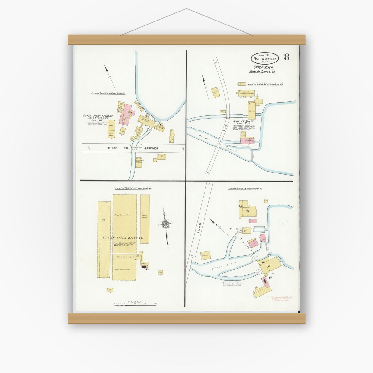 Old map wall art mockup — magnetic wood frame on white wall — Sanborn Fire Insurance Map from Baldwinville, Worcester County, Massachusetts (1912), Sheet #0008