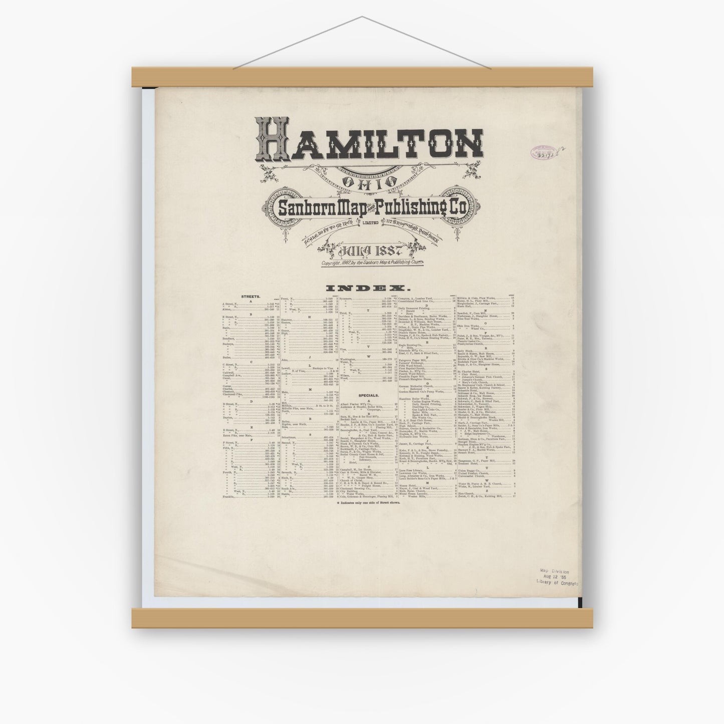 Old map wall art mockup — magnetic wood frame on white wall — Sanborn Fire Insurance Map from Hamilton, Butler County, Ohio (1887), Sheet #0001