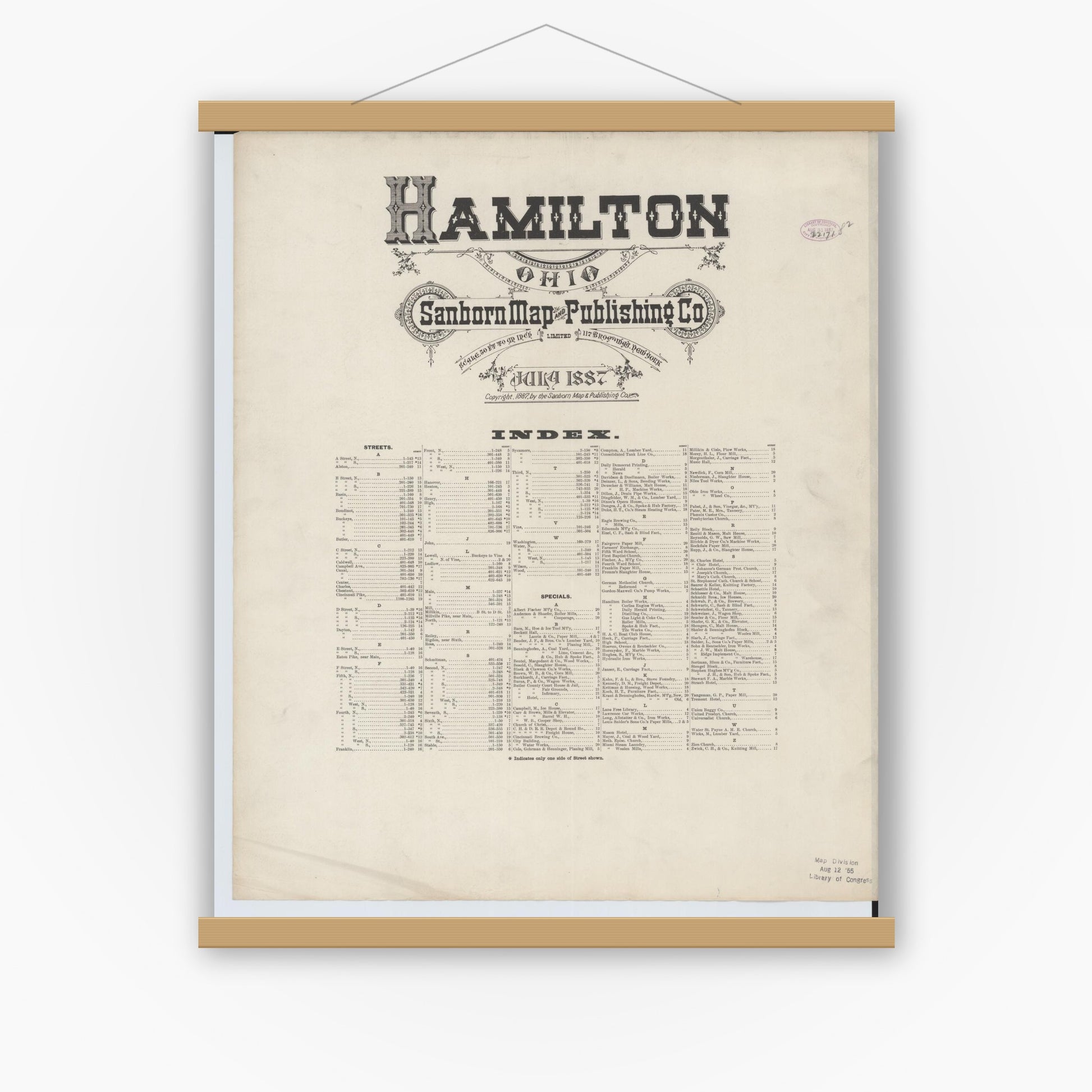 Old map wall art mockup — magnetic wood frame on white wall — Sanborn Fire Insurance Map from Hamilton, Butler County, Ohio (1887), Sheet #0001