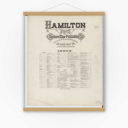 Old map wall art mockup — magnetic wood frame on white wall — Sanborn Fire Insurance Map from Hamilton, Butler County, Ohio (1887), Sheet #0001