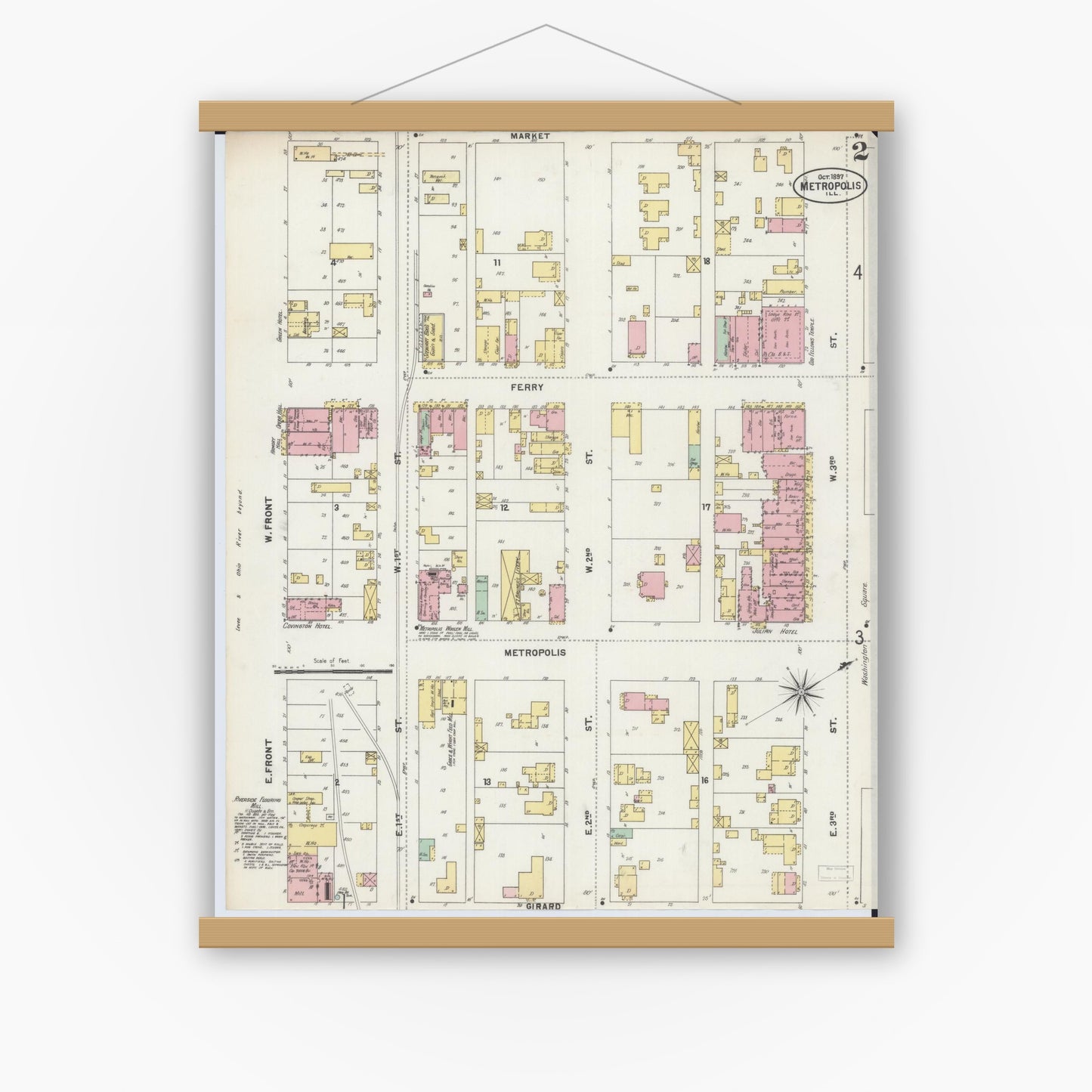 Old map wall art mockup — magnetic wood frame on white wall — Sanborn Fire Insurance Map from Metropolis, Massac County, Illinois (1897), Sheet #0002