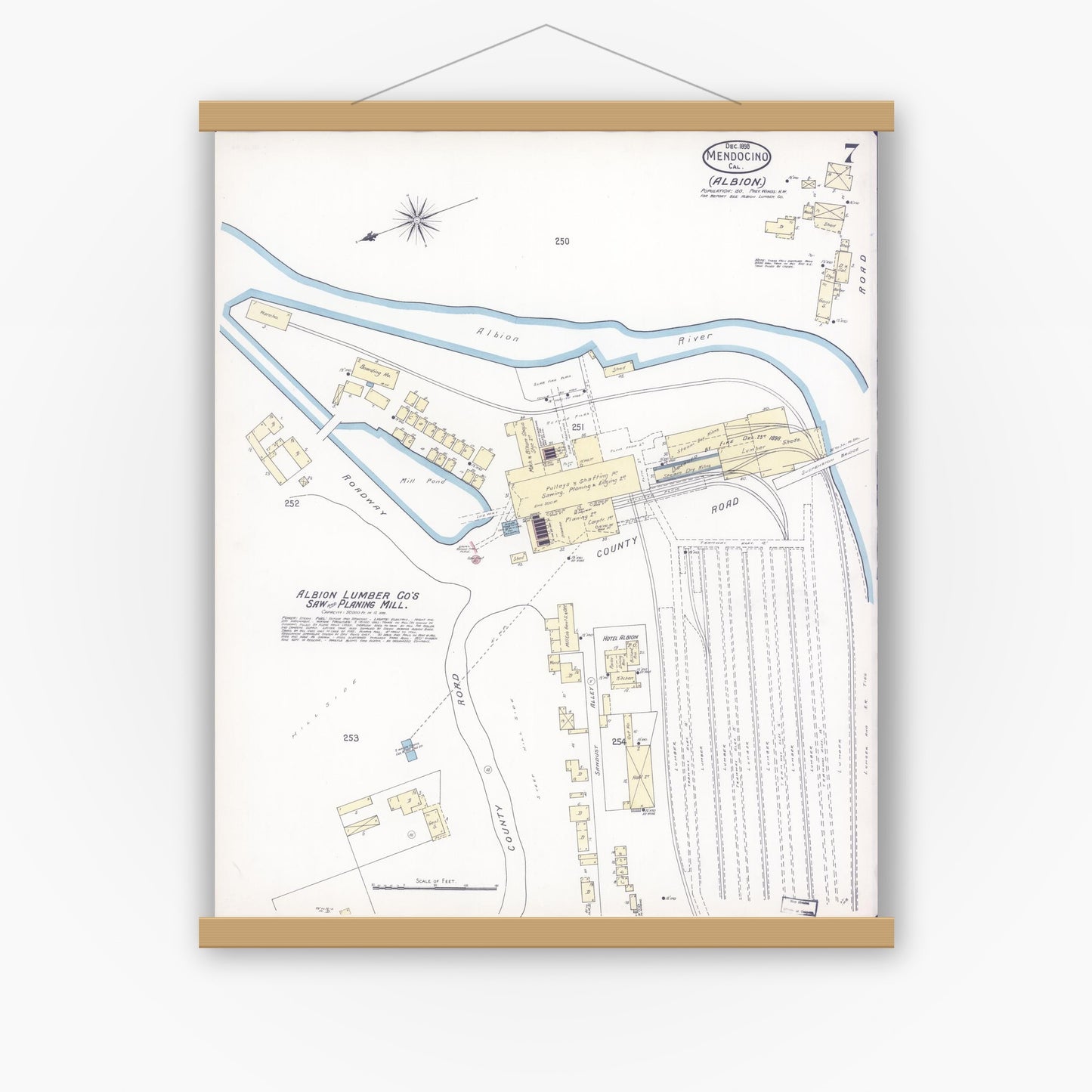 Old map wall art mockup — magnetic wood frame on white wall — Sanborn Fire Insurance Map from Mendocino, Mendocino County, California (1898), Sheet #0007