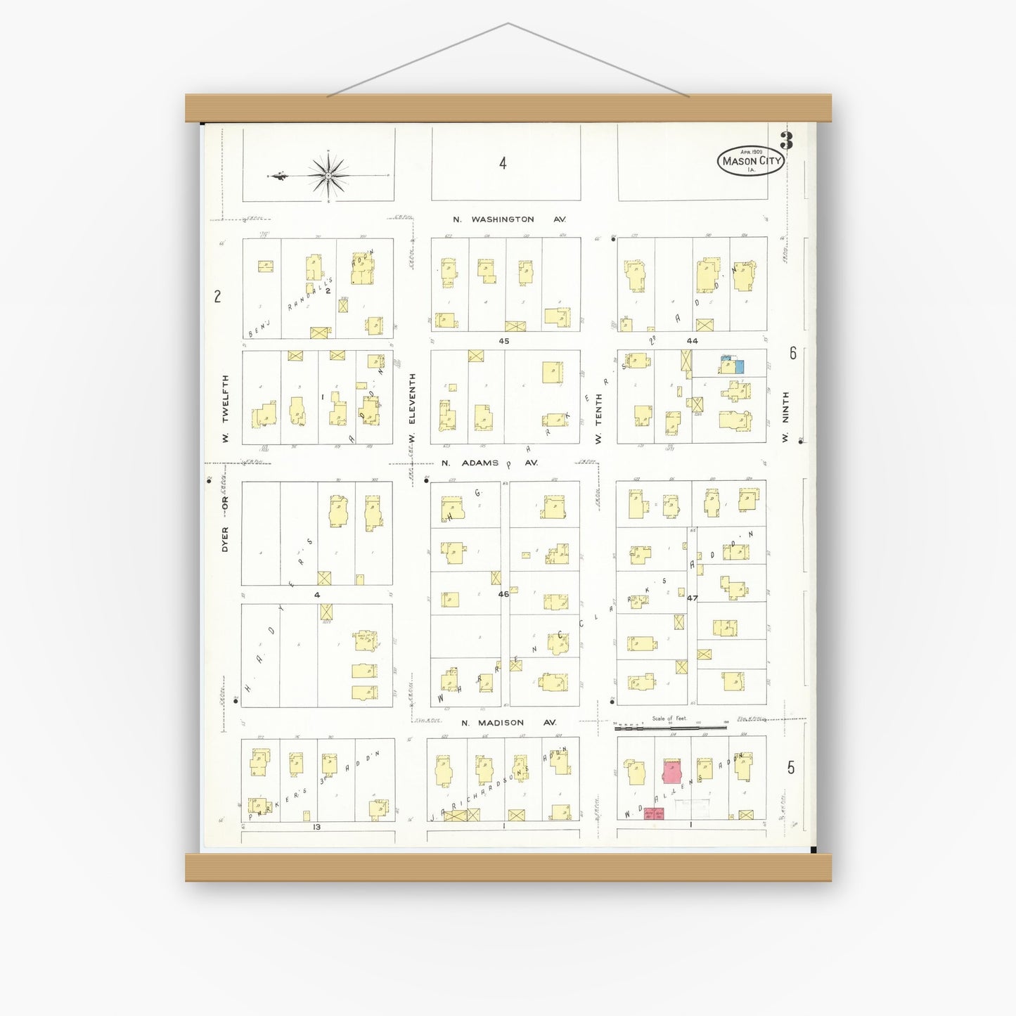Old map wall art mockup — magnetic wood frame on white wall — Sanborn Fire Insurance Map from Mason City, Cerro Gordo County, Iowa (1909), Sheet #0003