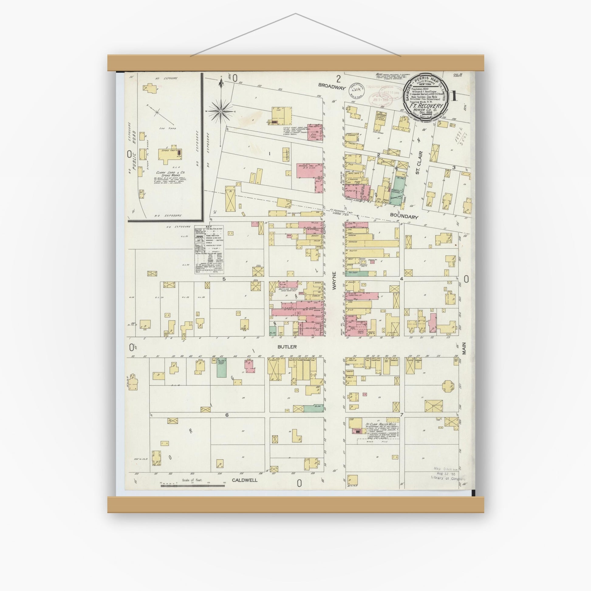 Old map wall art mockup — magnetic wood frame on white wall — Sanborn Fire Insurance Map from Fort Recovery, Mercer County, Ohio (1898) - Complete Map Set
