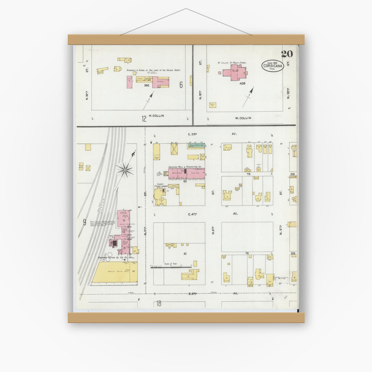 Old map wall art mockup — magnetic wood frame on white wall — Sanborn Fire Insurance Map from Corsicana, Navarro County, Texas (1905), Sheet #0020