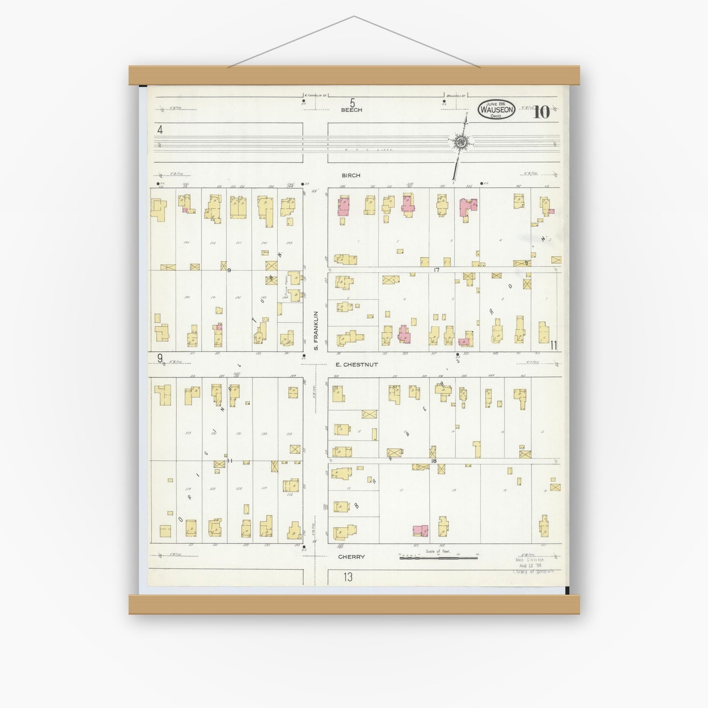 Old map wall art mockup — magnetic wood frame on white wall — Sanborn Fire Insurance Map from Wauseon, Fulton County, Ohio (1916), Sheet #0010