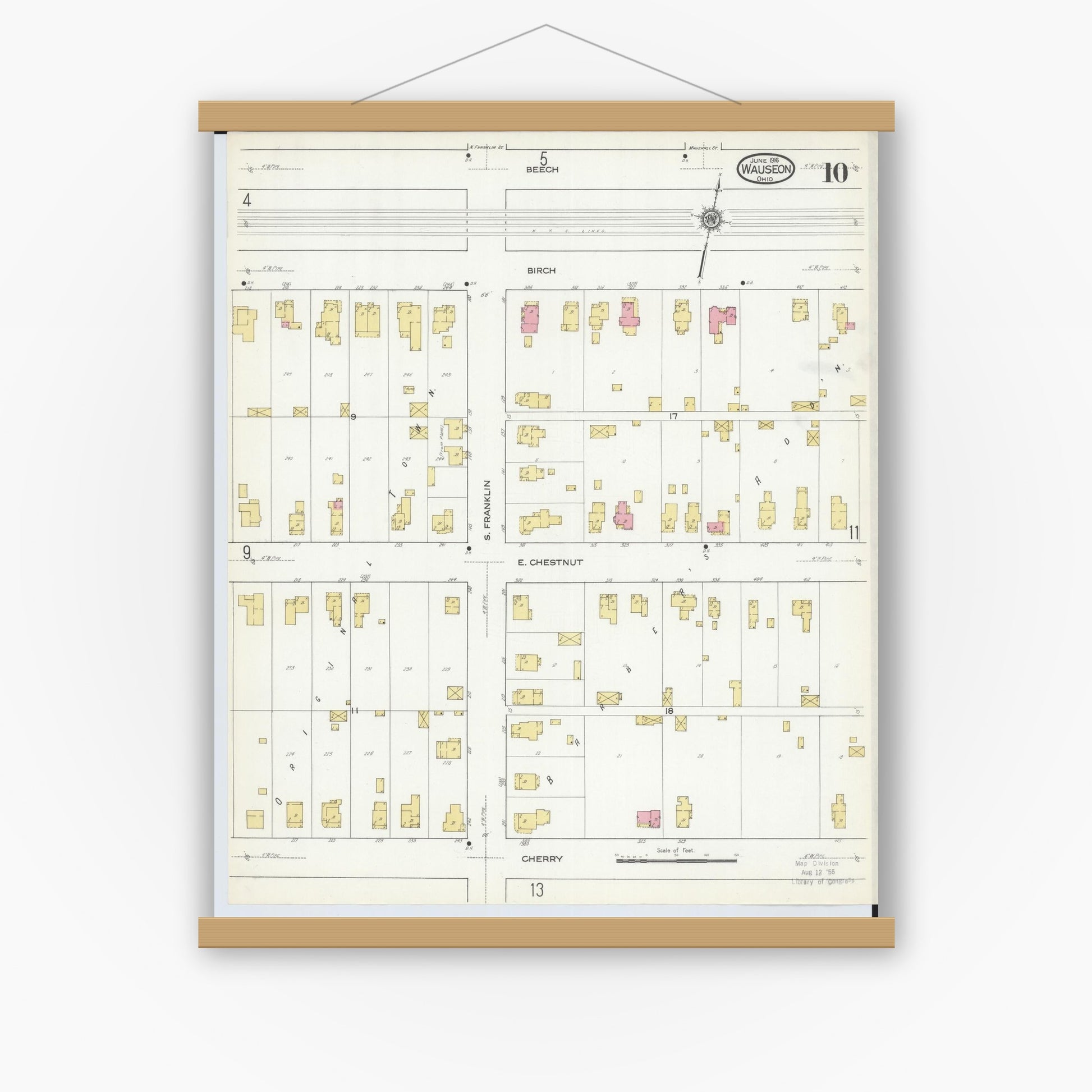 Old map wall art mockup — magnetic wood frame on white wall — Sanborn Fire Insurance Map from Wauseon, Fulton County, Ohio (1916), Sheet #0010