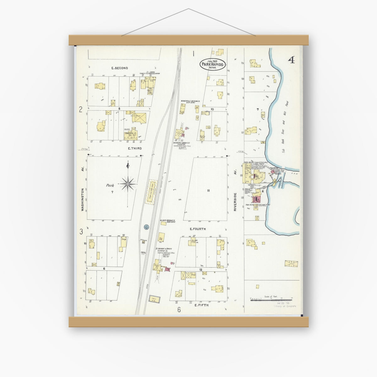 Old map wall art mockup — magnetic wood frame on white wall — Sanborn Fire Insurance Map from Park Rapids, Hubbard County, Minnesota (1907), Sheet #0004