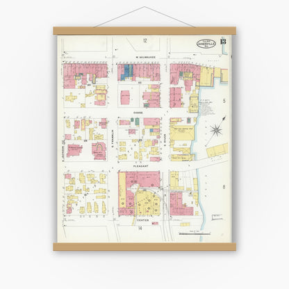 Old map wall art mockup — magnetic wood frame on white wall — Sanborn Fire Insurance Map from Janesville, Rock County, Wisconsin (1909), Sheet #0013