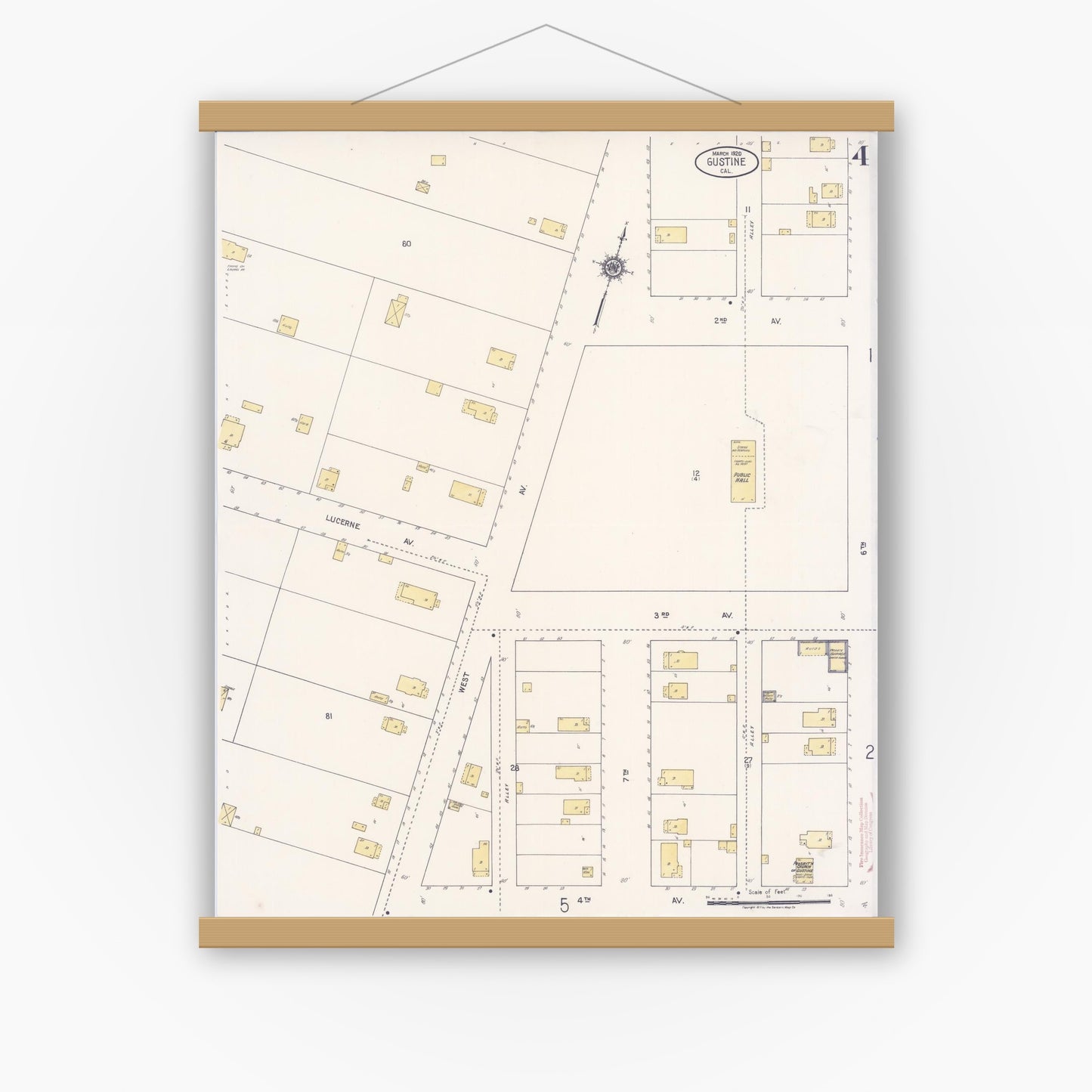 Old map wall art mockup — magnetic wood frame on white wall — Sanborn Fire Insurance Map from Gustine, Merced County, California (1920), Sheet #0004