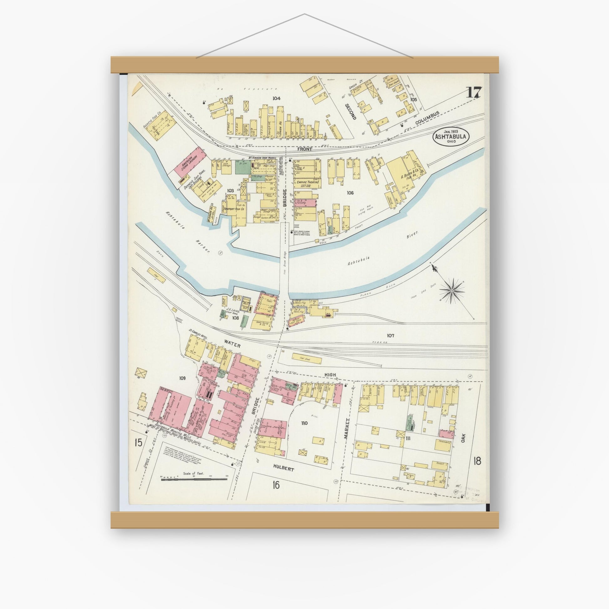 Old map wall art mockup — magnetic wood frame on white wall — Sanborn Fire Insurance Map from Ashtabula, Ashtabula County, Ohio (1903), Sheet #0017