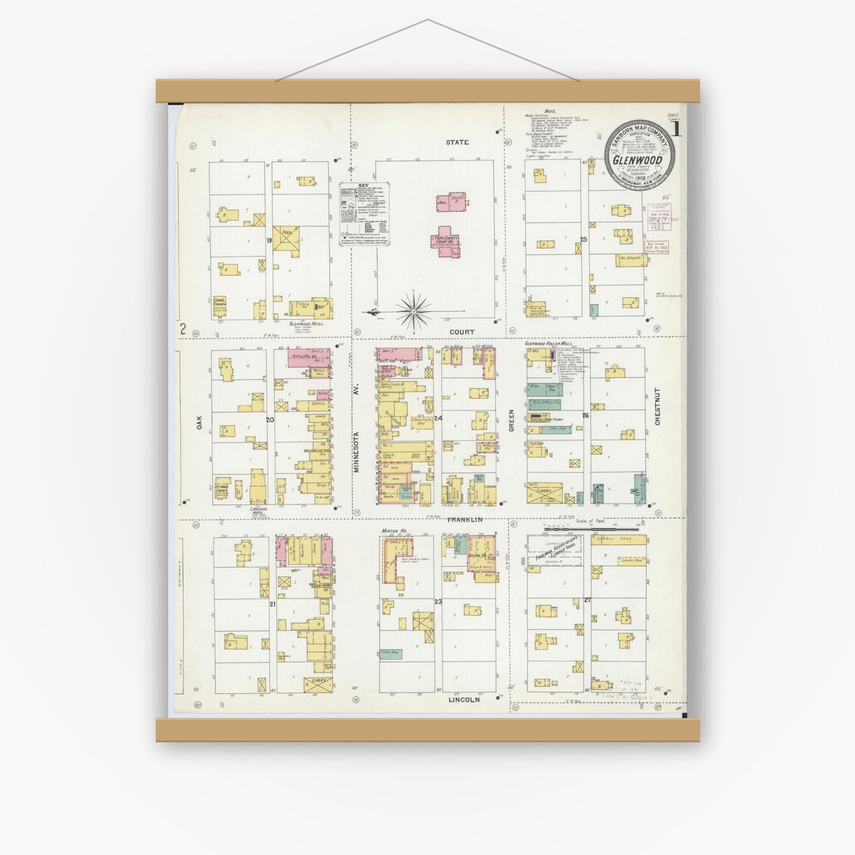 Old map wall art mockup — magnetic wood frame on white wall — Sanborn Fire Insurance Map from Glenwood, Pope County, Minnesota (1903), Sheet #0001
