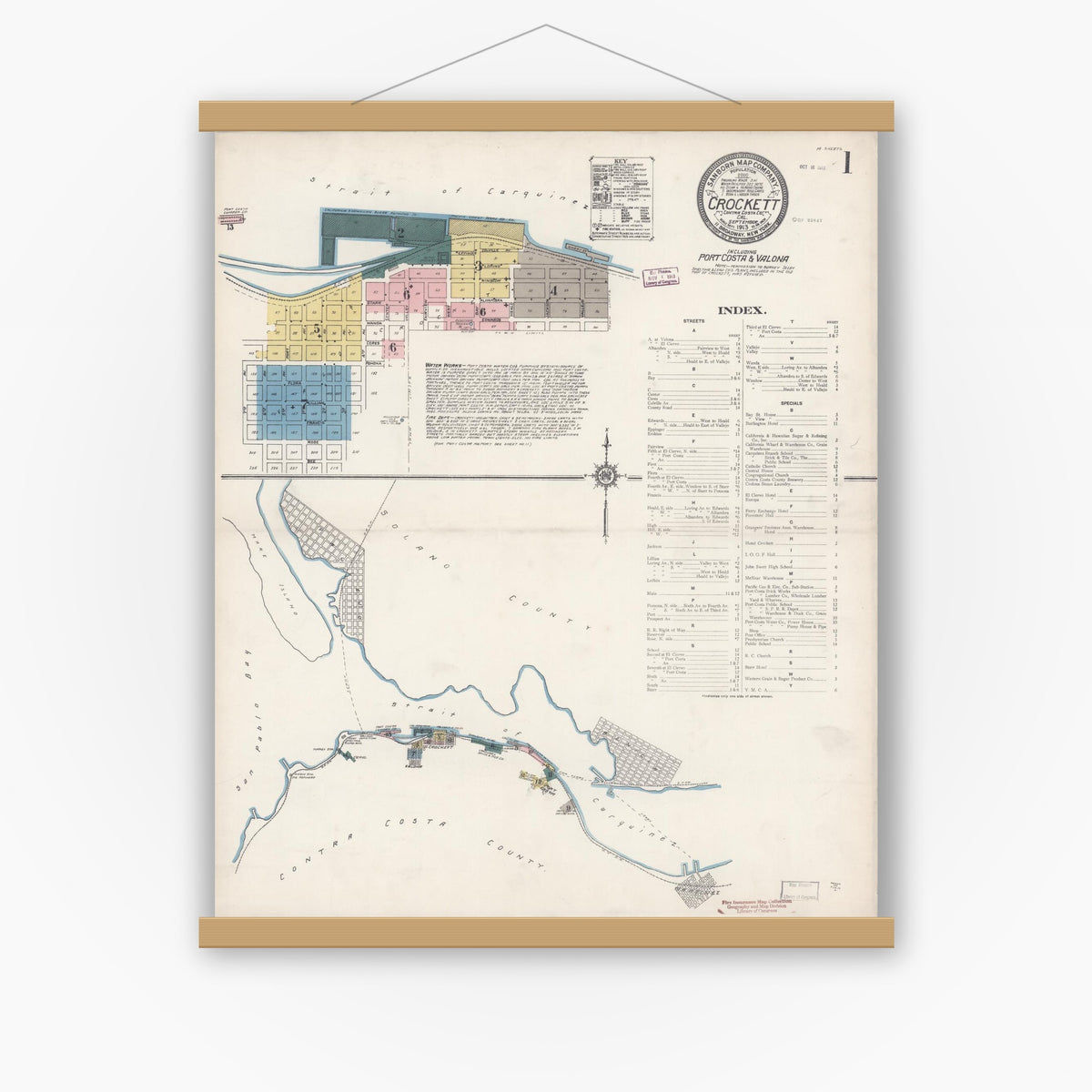 Old map wall art mockup — magnetic wood frame on white wall — Sanborn Fire Insurance Map from Crockett, Contra Costa County, California (1913), Sheet #0001
