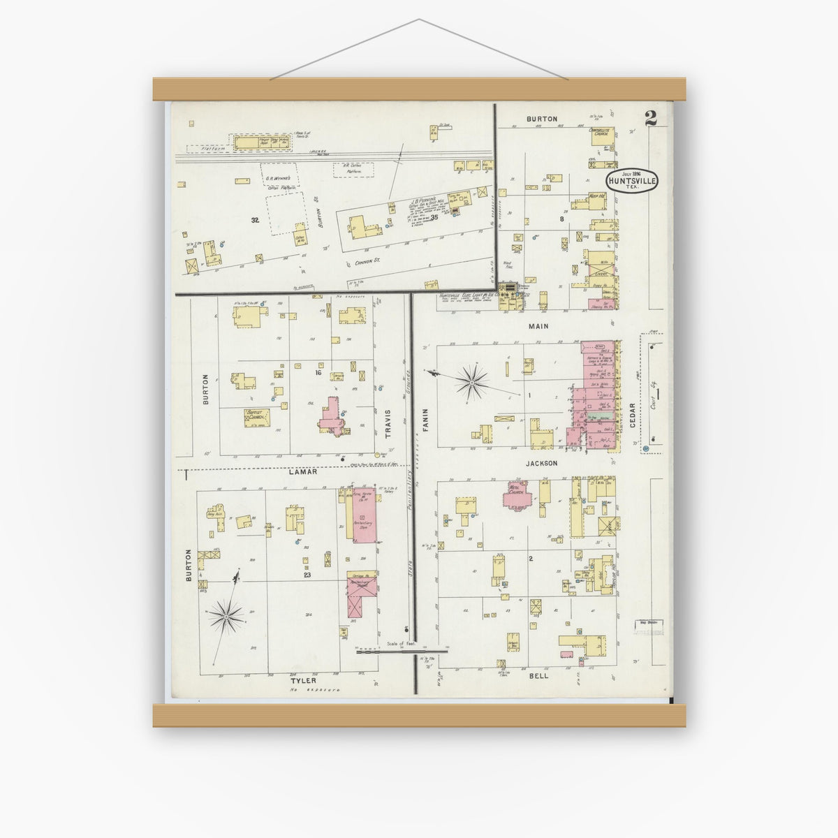 Old map wall art mockup — magnetic wood frame on white wall — Sanborn Fire Insurance Map from Huntsville, Walker County, Texas (1896), Sheet #0002