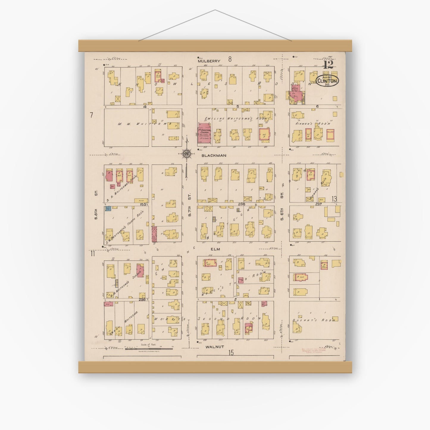 Old map wall art mockup — magnetic wood frame on white wall — Sanborn Fire Insurance Map from Clinton, Vermillion County, Indiana (1921), Sheet #0012