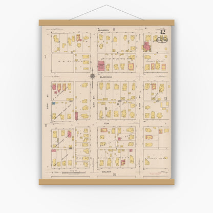Old map wall art mockup — magnetic wood frame on white wall — Sanborn Fire Insurance Map from Clinton, Vermillion County, Indiana (1921), Sheet #0012
