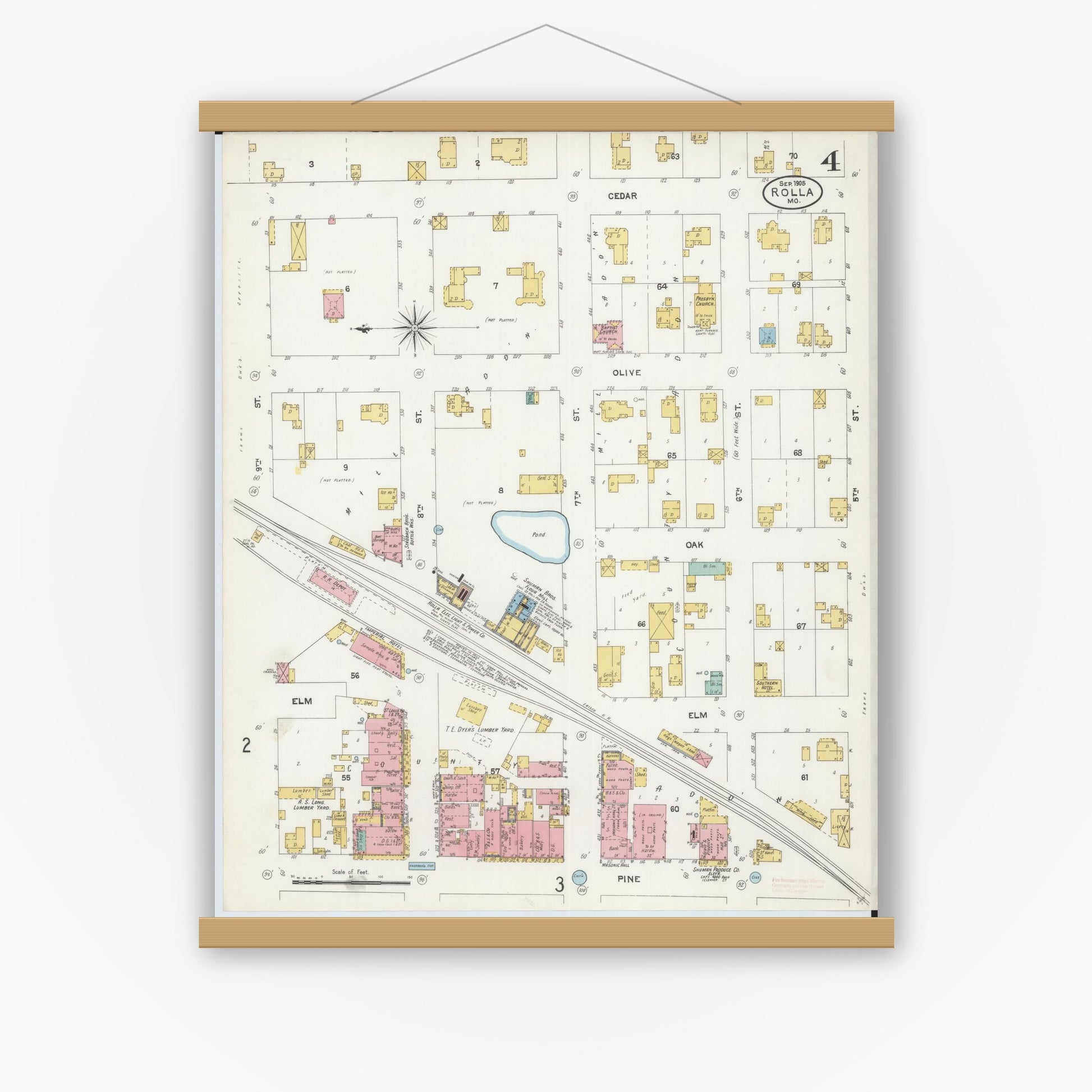 Old map wall art mockup — magnetic wood frame on white wall — Sanborn Fire Insurance Map from Rolla, Phelps County, Missouri (1905), Sheet #0004