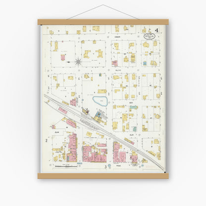 Old map wall art mockup — magnetic wood frame on white wall — Sanborn Fire Insurance Map from Rolla, Phelps County, Missouri (1905), Sheet #0004