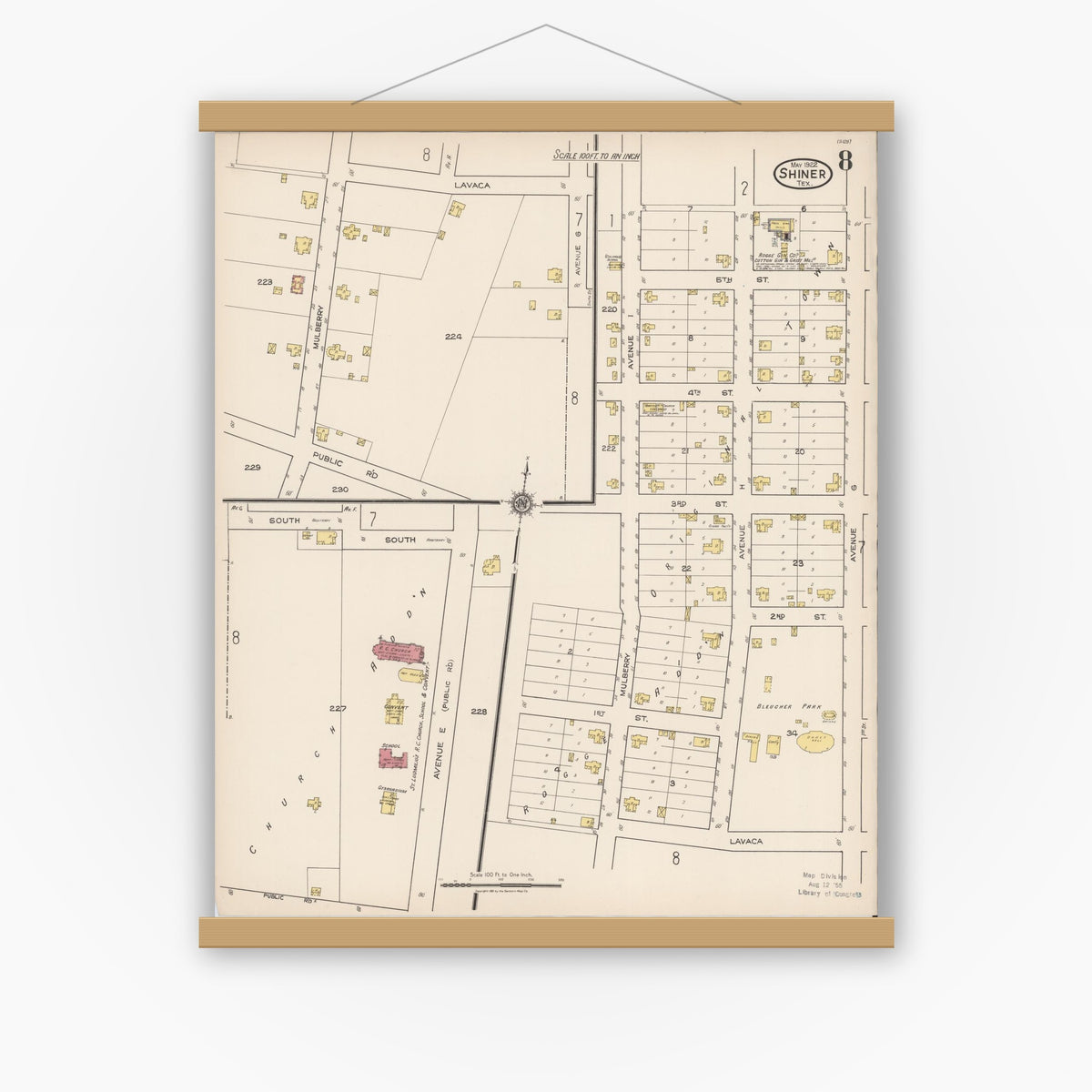 Old map wall art mockup — magnetic wood frame on white wall — Sanborn Fire Insurance Map from Shiner, Lavaca County, Texas (1922), Sheet #0008