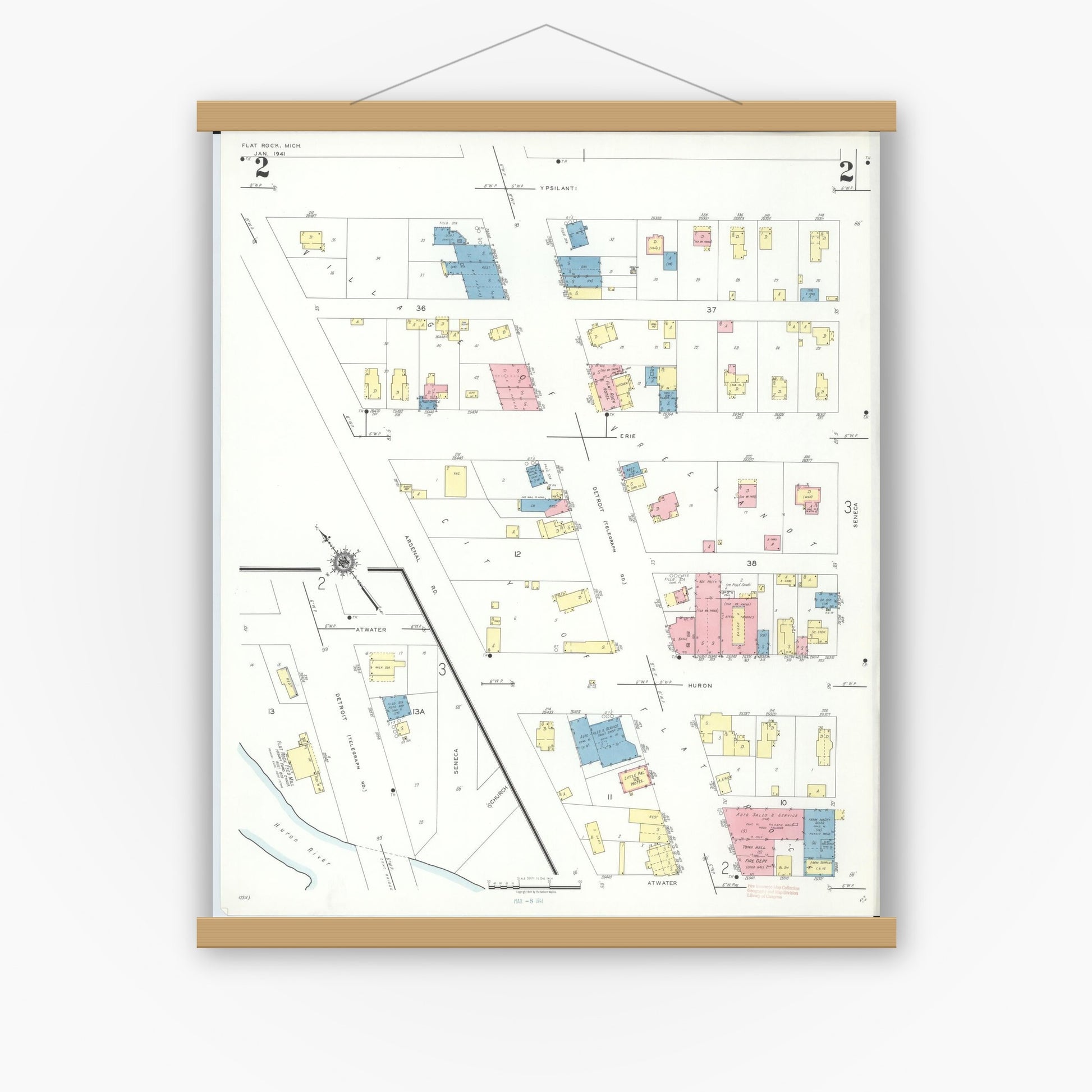 Old map wall art mockup — magnetic wood frame on white wall — Sanborn Fire Insurance Map from Flat Rock, Wayne County, Michigan (1941), Sheet #0002