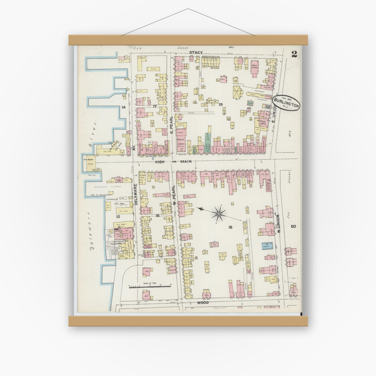Old map wall art mockup — magnetic wood frame on white wall — Sanborn Fire Insurance Map from Burlington, Burlington County, New Jersey (1891) - Complete Map Set