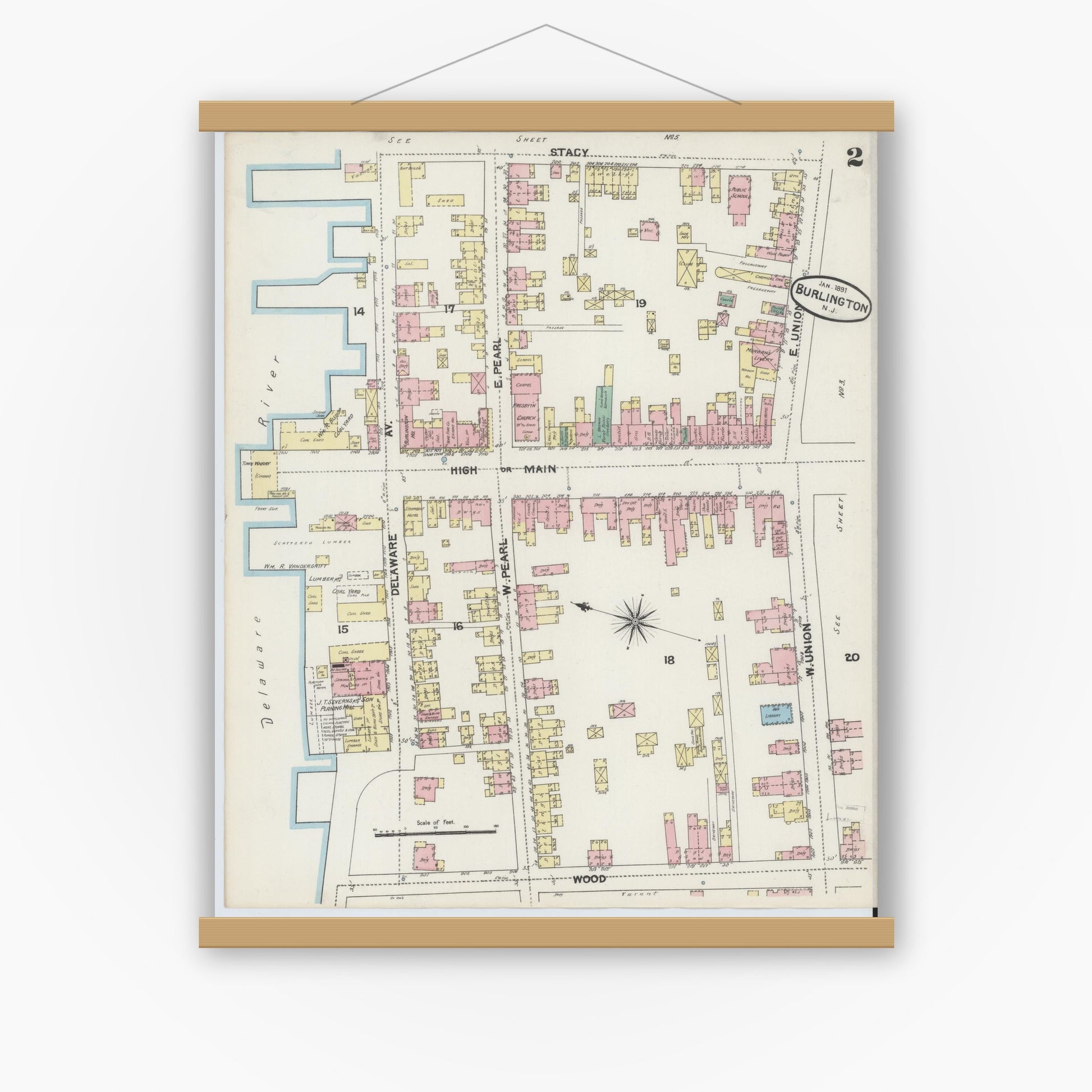 Old map wall art mockup — magnetic wood frame on white wall — Sanborn Fire Insurance Map from Burlington, Burlington County, New Jersey (1891) - Complete Map Set