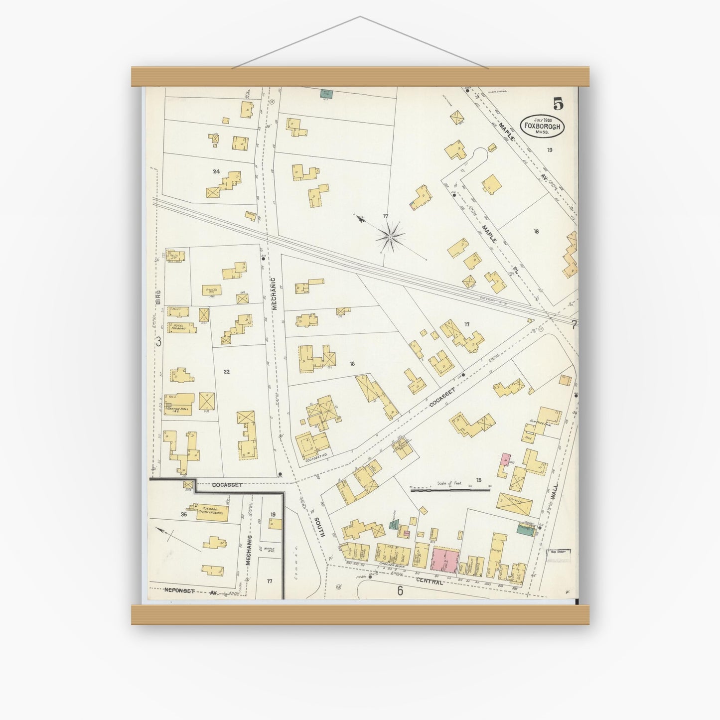 Old map wall art mockup — magnetic wood frame on white wall — Sanborn Fire Insurance Map from Foxboro, Norfolk County, Massachusetts (1903), Sheet #0005