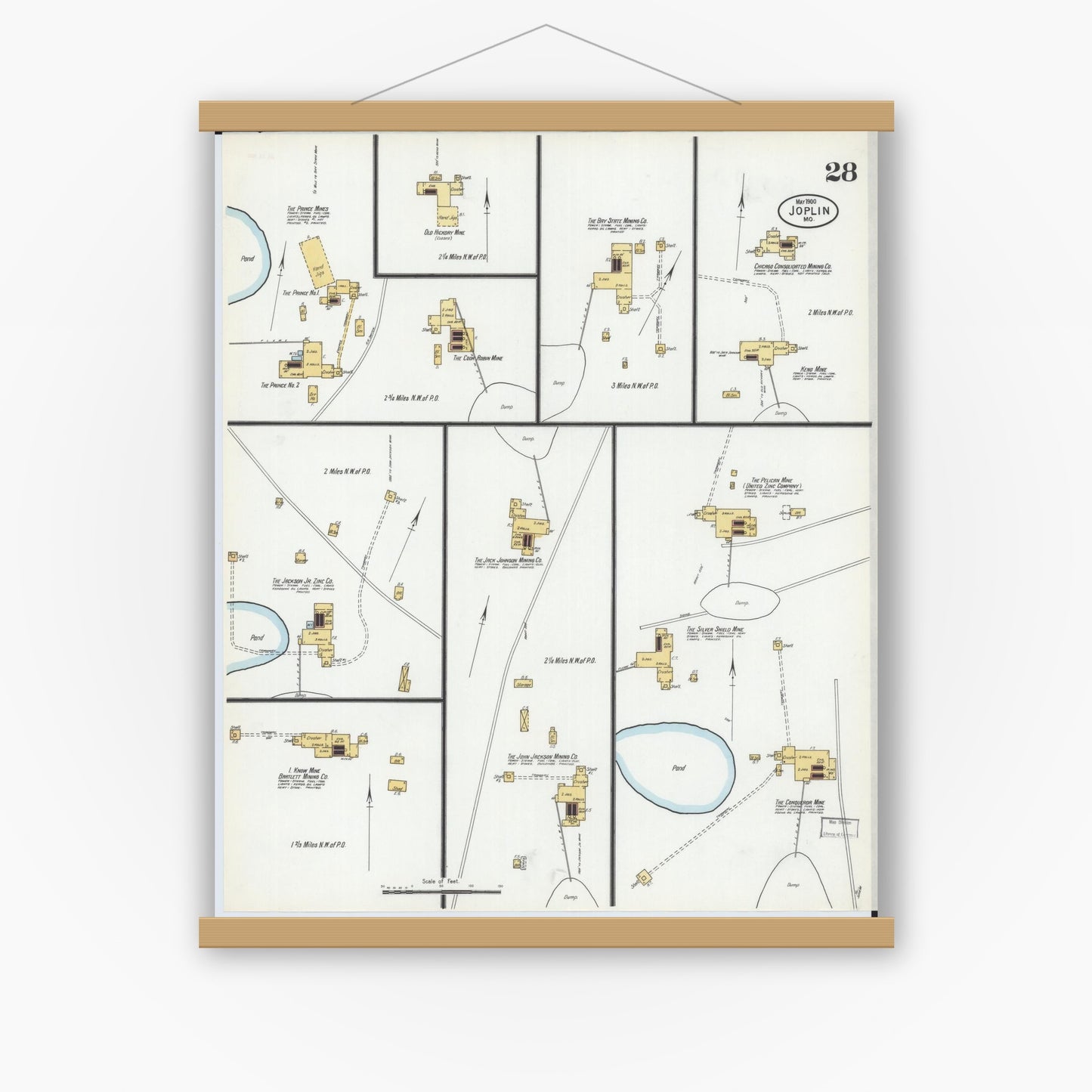 Old map wall art mockup — magnetic wood frame on white wall — Sanborn Fire Insurance Map from Joplin, Jasper County, Missouri (1900), Sheet #0028