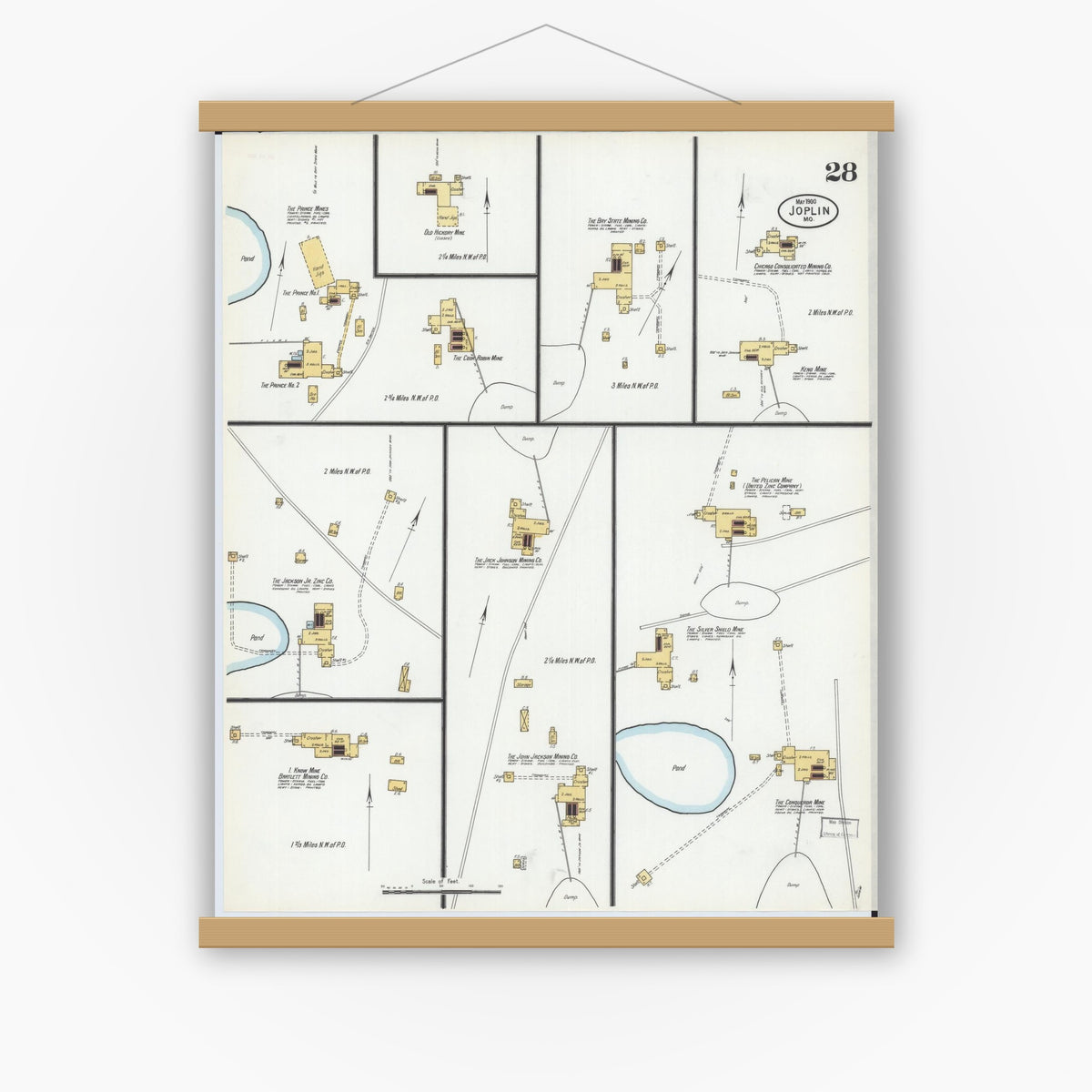 Old map wall art mockup — magnetic wood frame on white wall — Sanborn Fire Insurance Map from Joplin, Jasper County, Missouri (1900), Sheet #0028