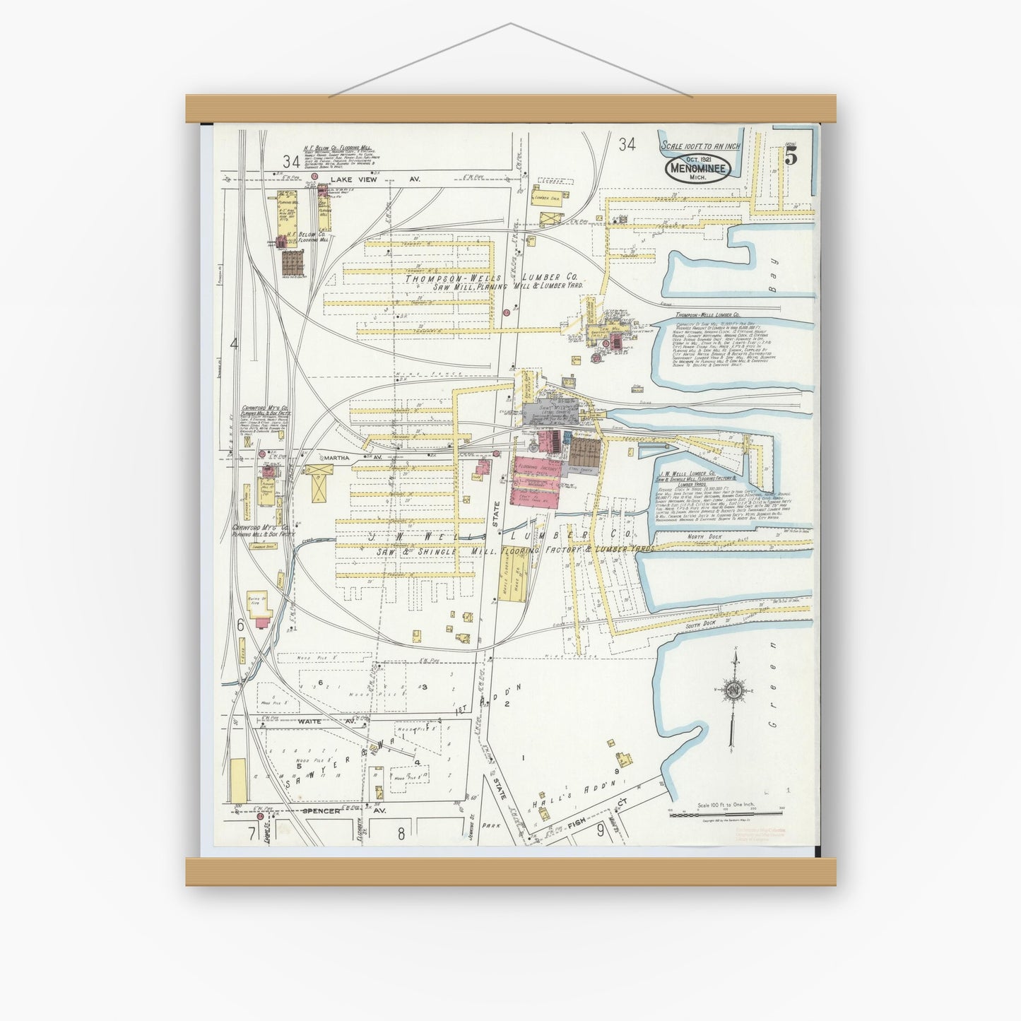 Old map wall art mockup — magnetic wood frame on white wall — Sanborn Fire Insurance Map from Menominee, Menominee County, Michigan (1921), Sheet #0005