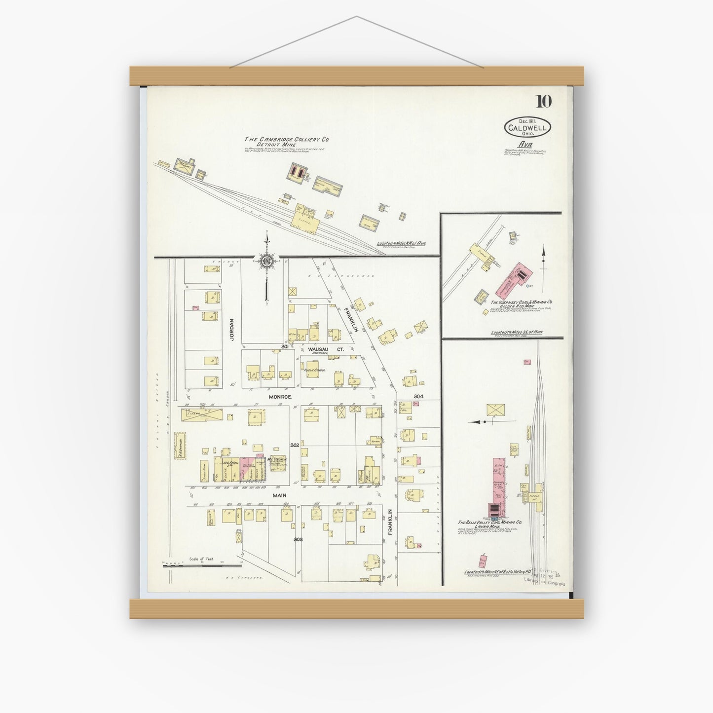 Old map wall art mockup — magnetic wood frame on white wall — Sanborn Fire Insurance Map from Caldwell, Noble County, Ohio (1911), Sheet #0010