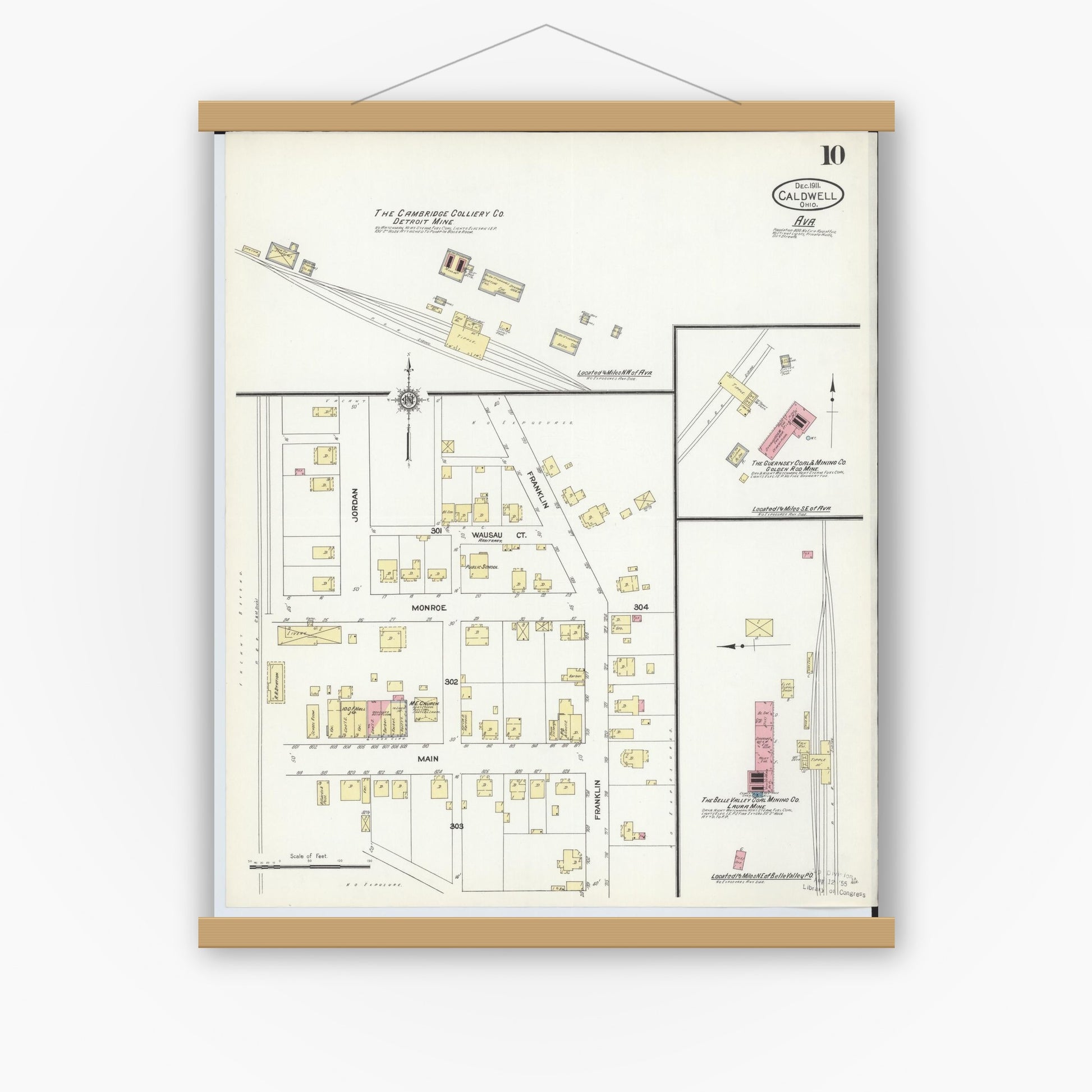 Old map wall art mockup — magnetic wood frame on white wall — Sanborn Fire Insurance Map from Caldwell, Noble County, Ohio (1911), Sheet #0010