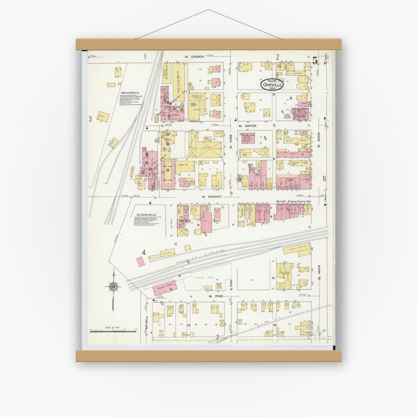 Old map wall art mockup — magnetic wood frame on white wall — Sanborn Fire Insurance Map from Orrville, Wayne County, Ohio (1911), Sheet #0005