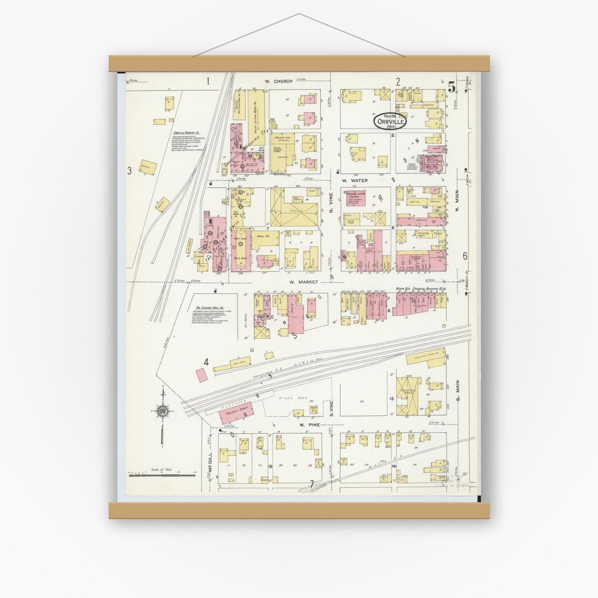 Old map wall art mockup — magnetic wood frame on white wall — Sanborn Fire Insurance Map from Orrville, Wayne County, Ohio (1911), Sheet #0005