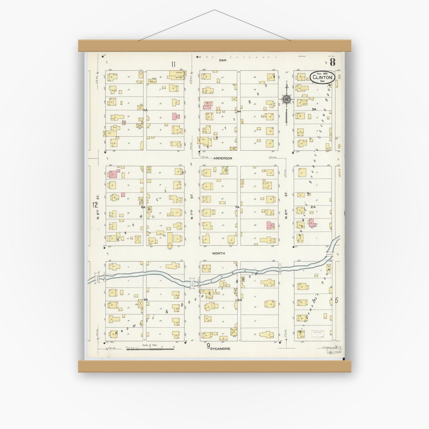 Old map wall art mockup — magnetic wood frame on white wall — Sanborn Fire Insurance Map from Clinton, Vermillion County, Indiana (1910), Sheet #0008